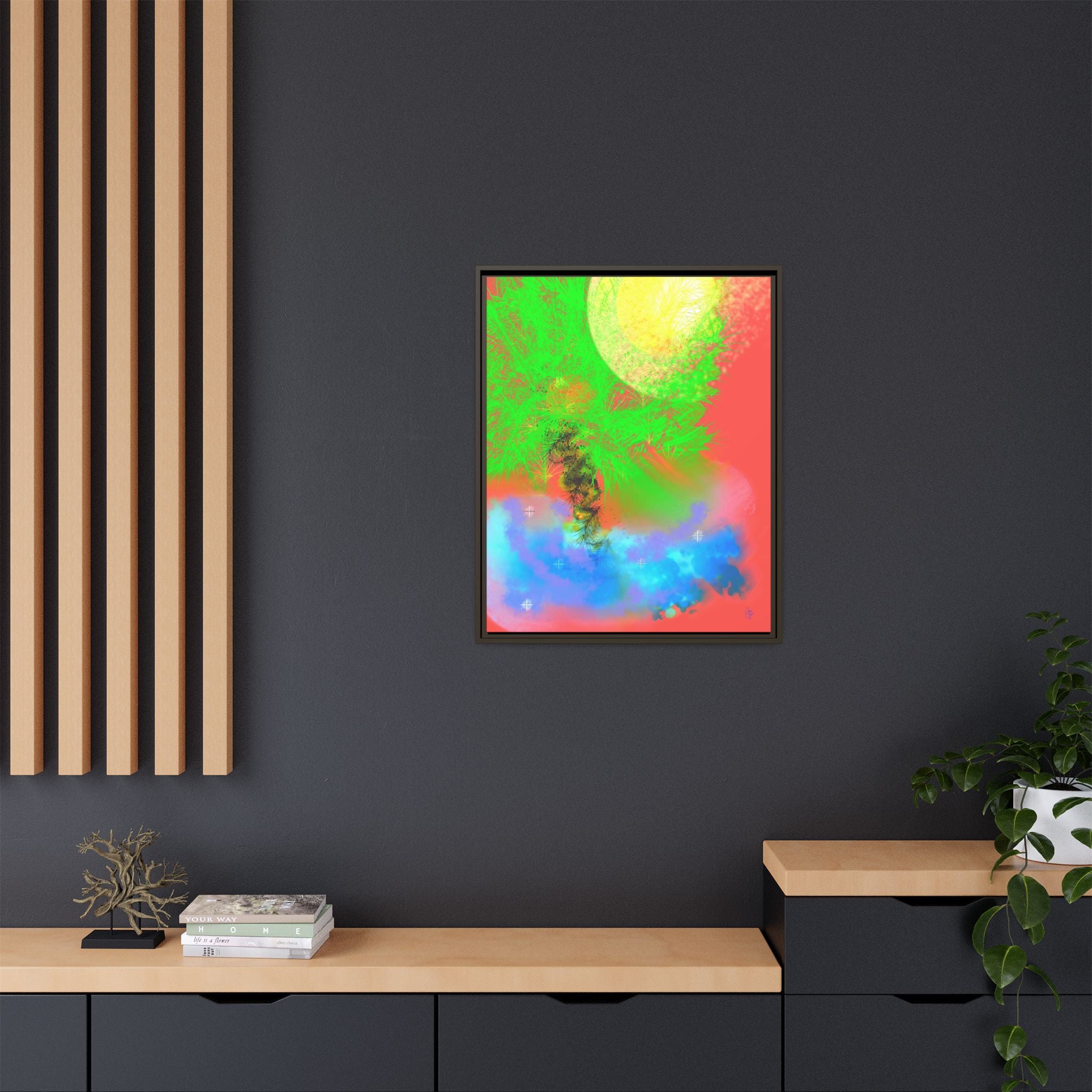 Abstract Neon Tree Matte Canvas Framed Art — Vibrant Green Moon Landscape