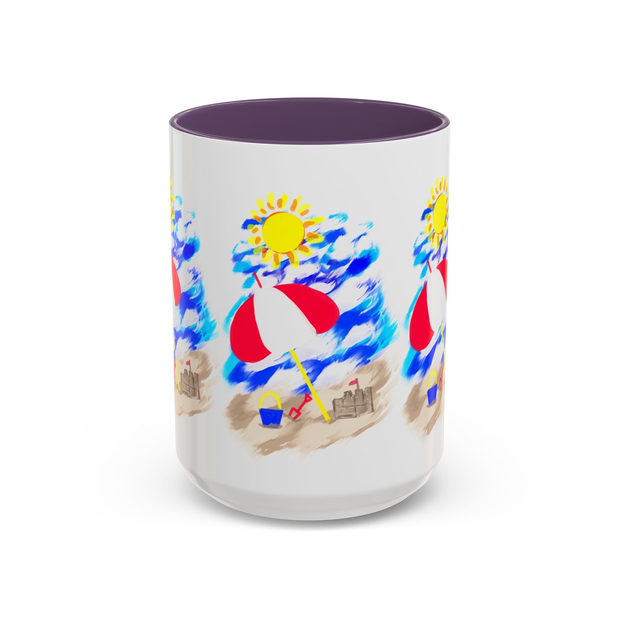 Beach Scene Coffee Mug – Summer Umbrella, Sun & Sandcastle Accent Mug