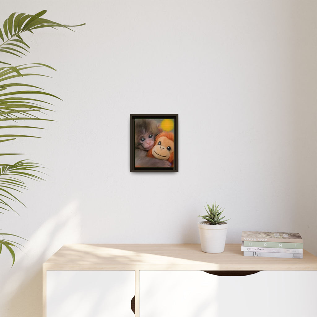Framed Matte Canvas Print — Baby Monkey & Plush Orangutan Wall Art