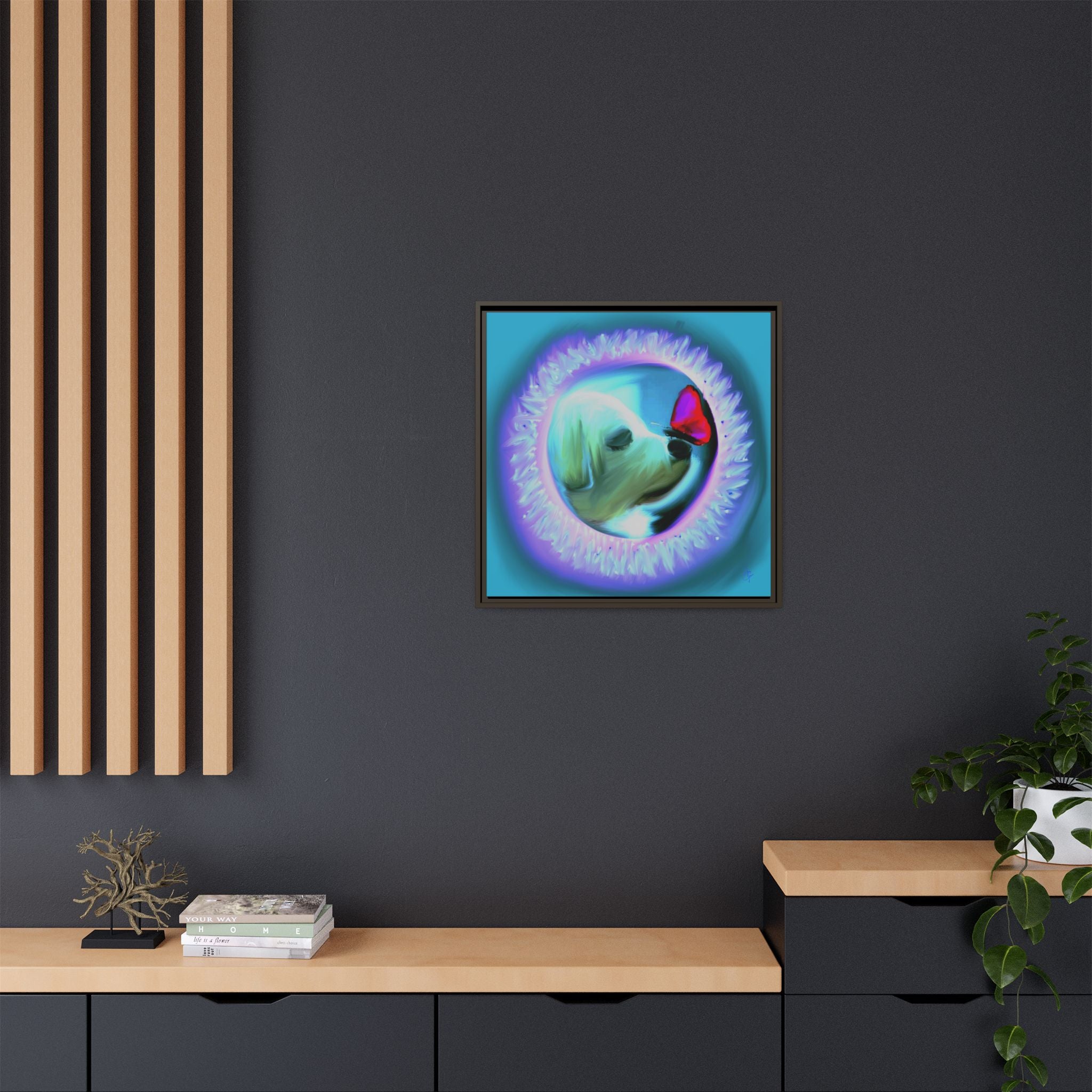 Framed Matte Canvas - Puppy with Butterfly Pop Art