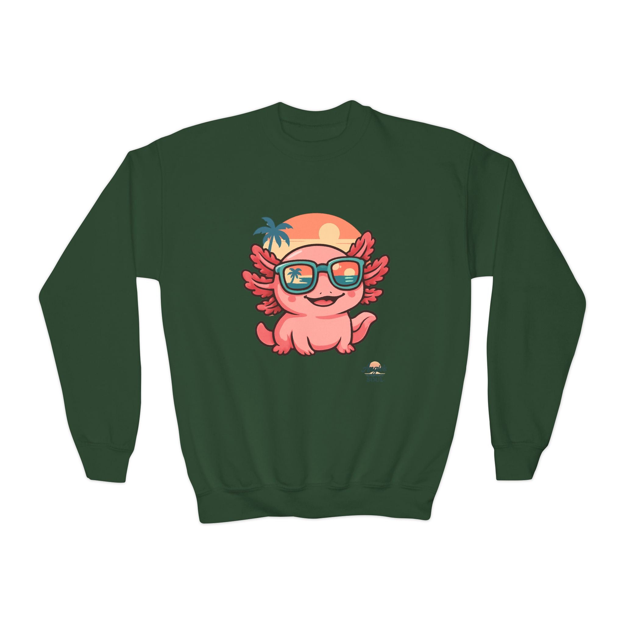 Axolotl Crewneck Sweatshirt — Cute Pink Axolotl with Sunglasses & Sunset