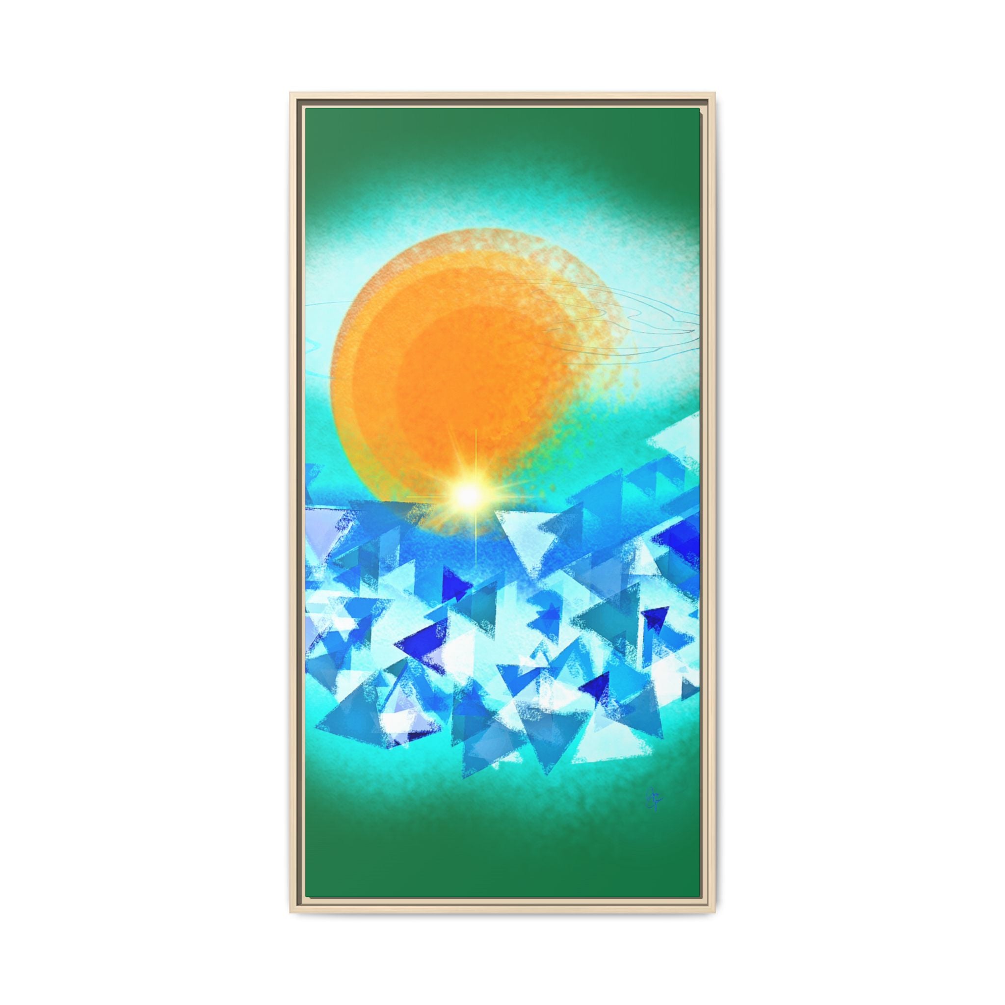 Abstract Sunrise Framed Canvas Art – Orange Sun Over Blue Geometric Waves