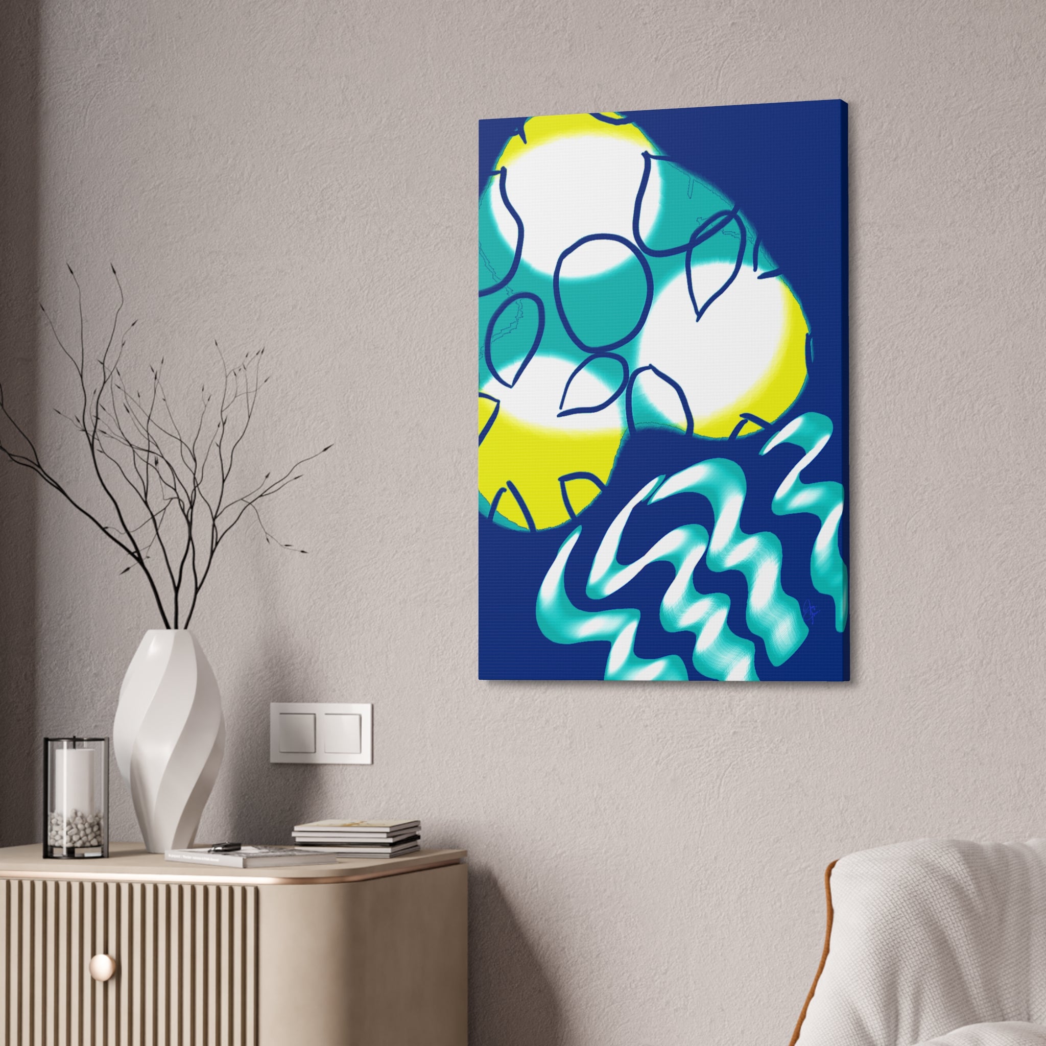 Abstract Ocean Waves Jellyfish Canvas Art — Blue & Teal Modern Wall Decor, Stretched 1.5"