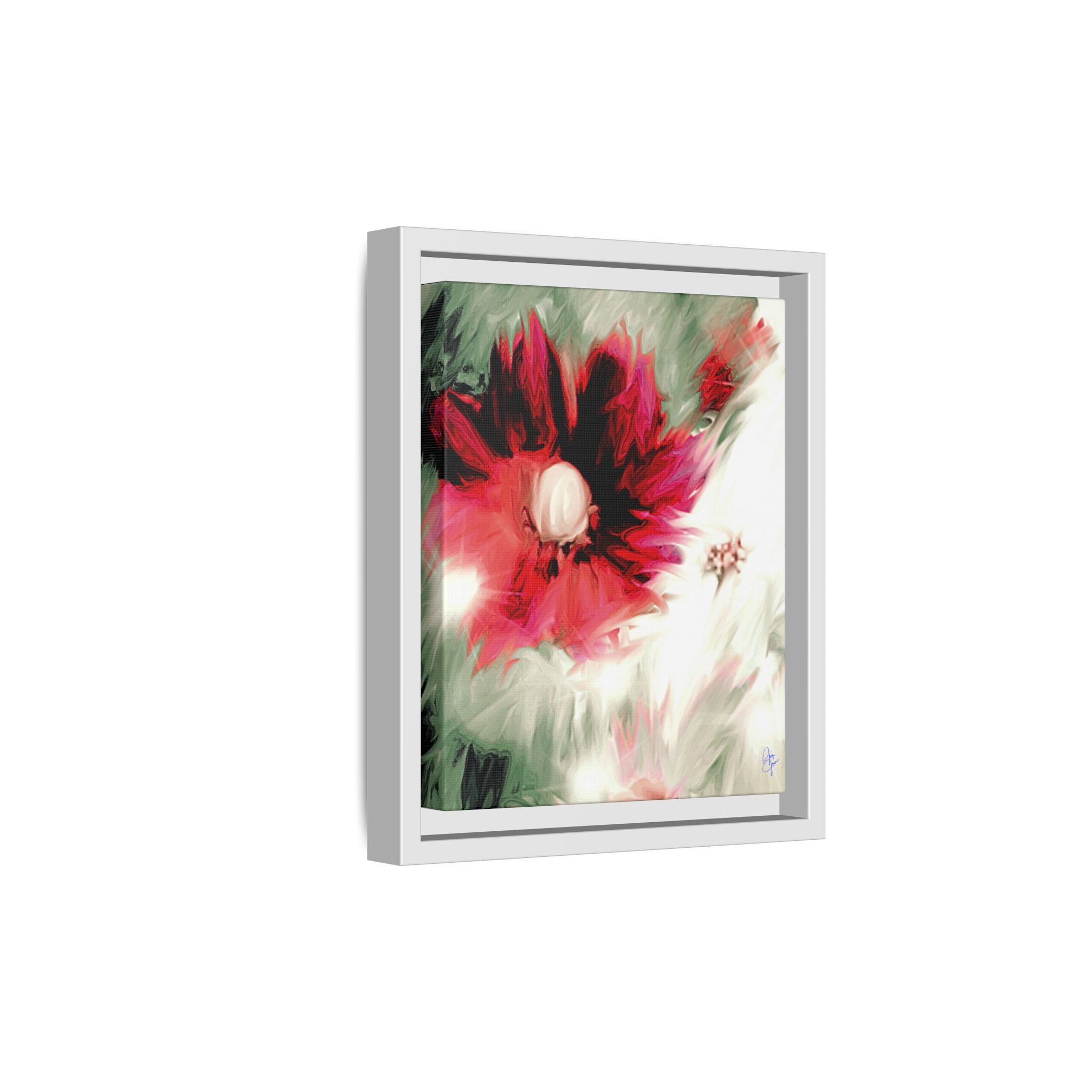 Framed Matte Canvas Print — Blurred Red & White Floral Art