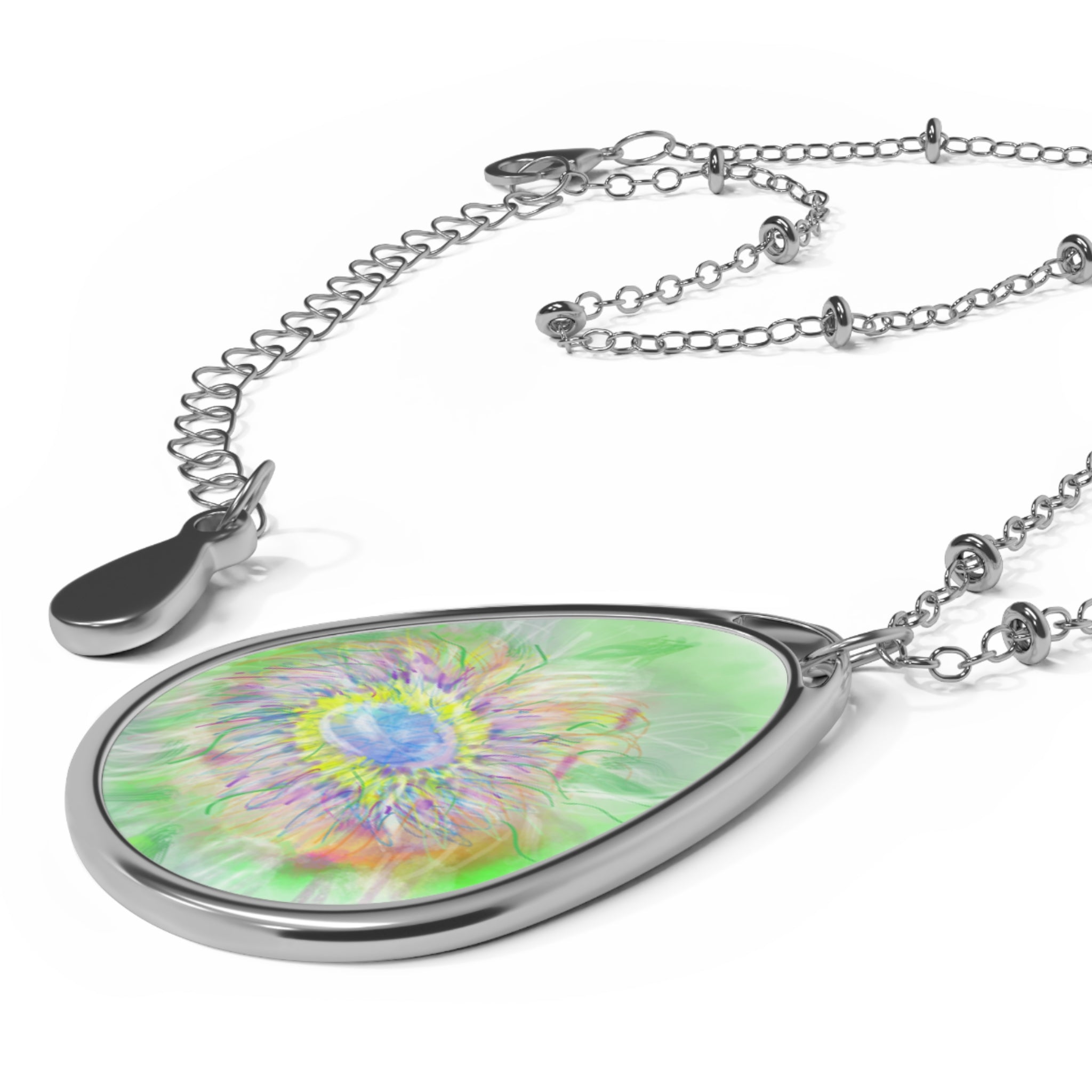 Iridescent Floral Oval Necklace — Green Teardrop Pendant Jewelry
