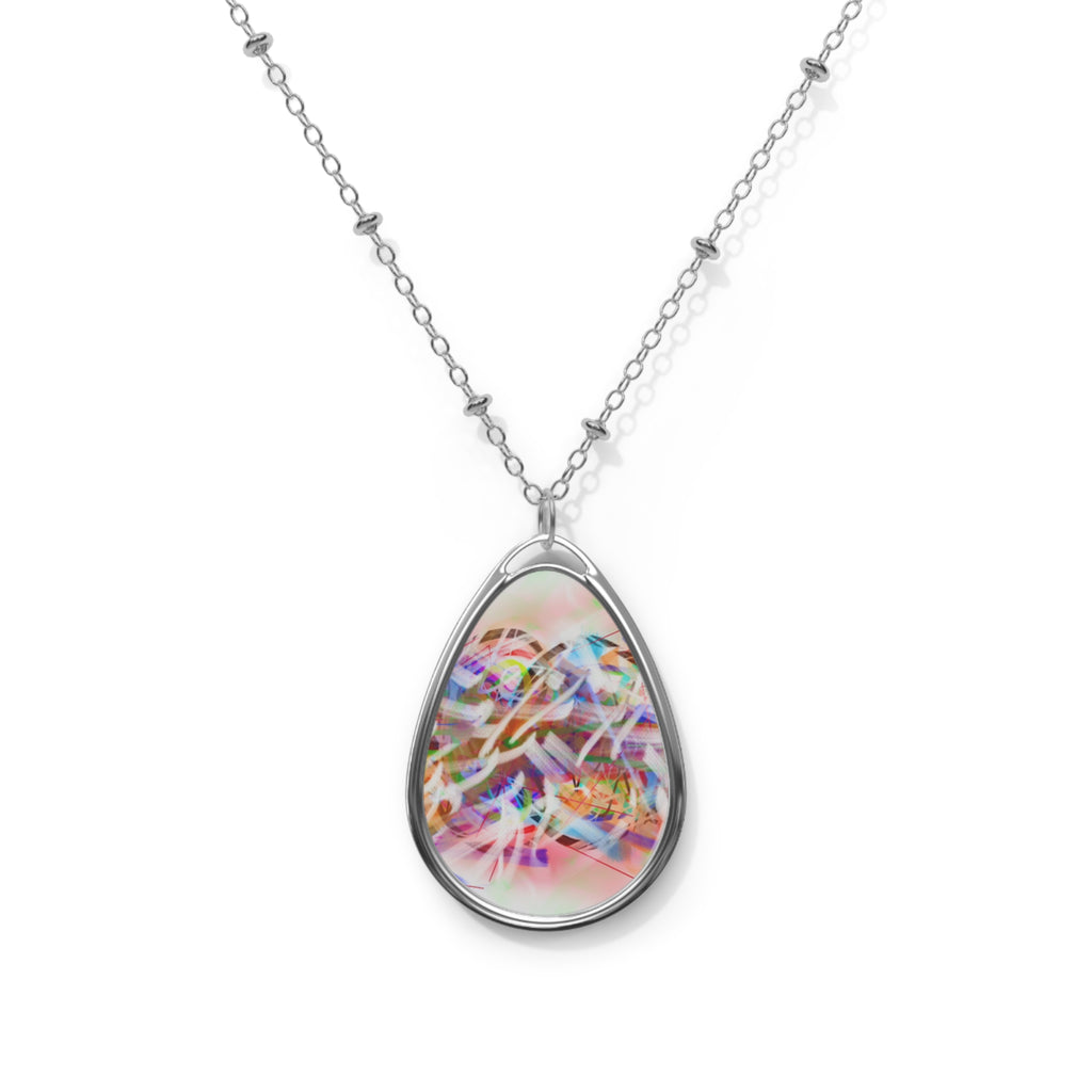 Iridescent Confetti Oval Necklace — Silver Teardrop Pendant