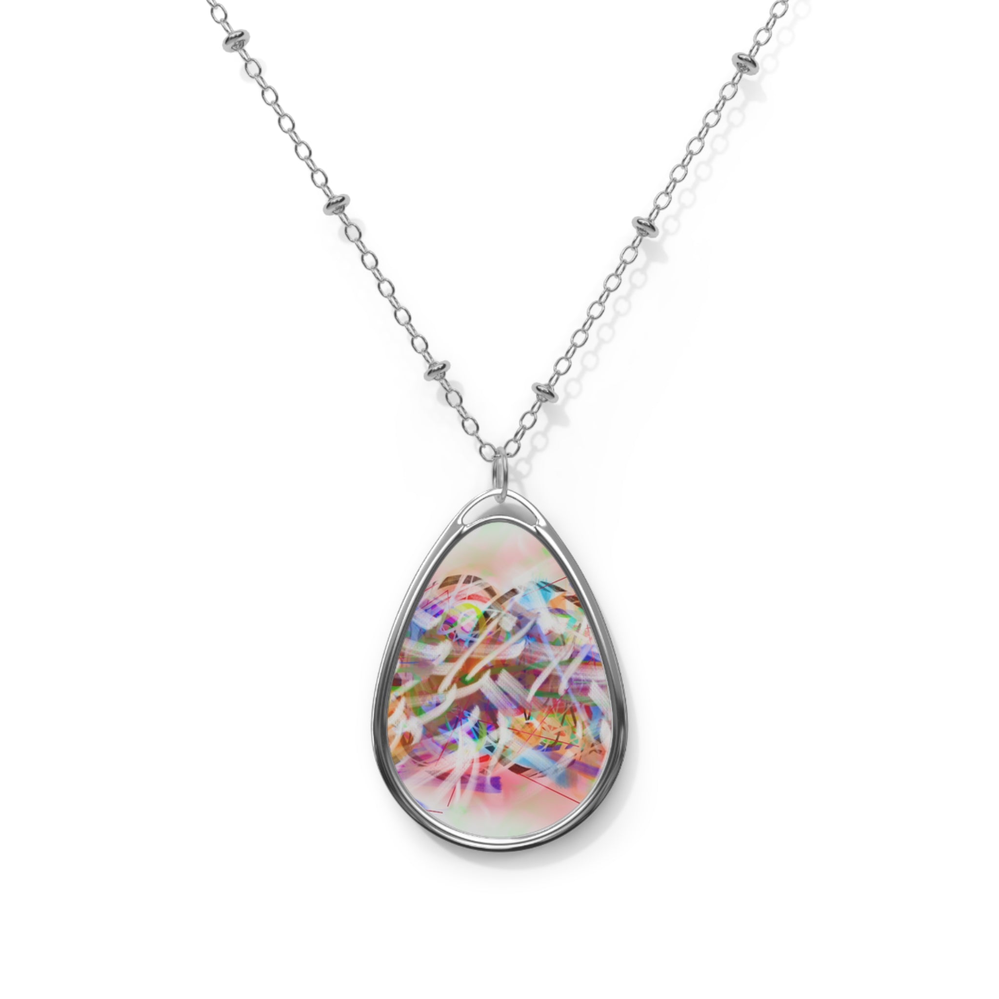 Iridescent Confetti Oval Necklace — Silver Teardrop Pendant