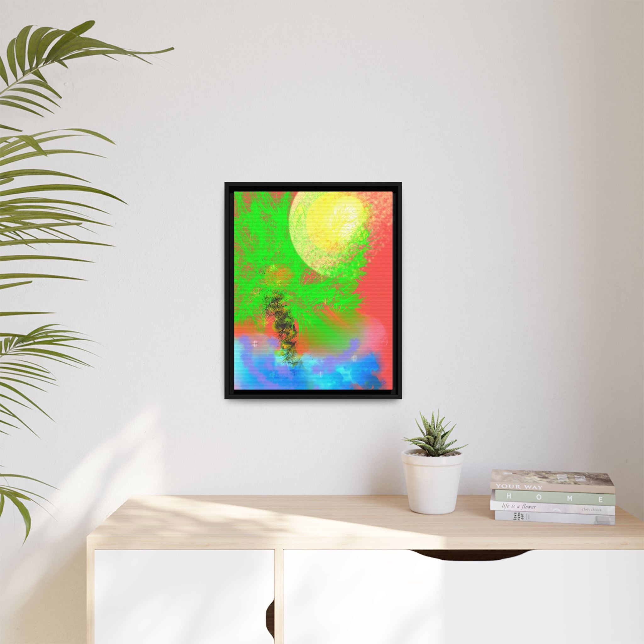 Abstract Neon Tree Matte Canvas Framed Art — Vibrant Green Moon Landscape