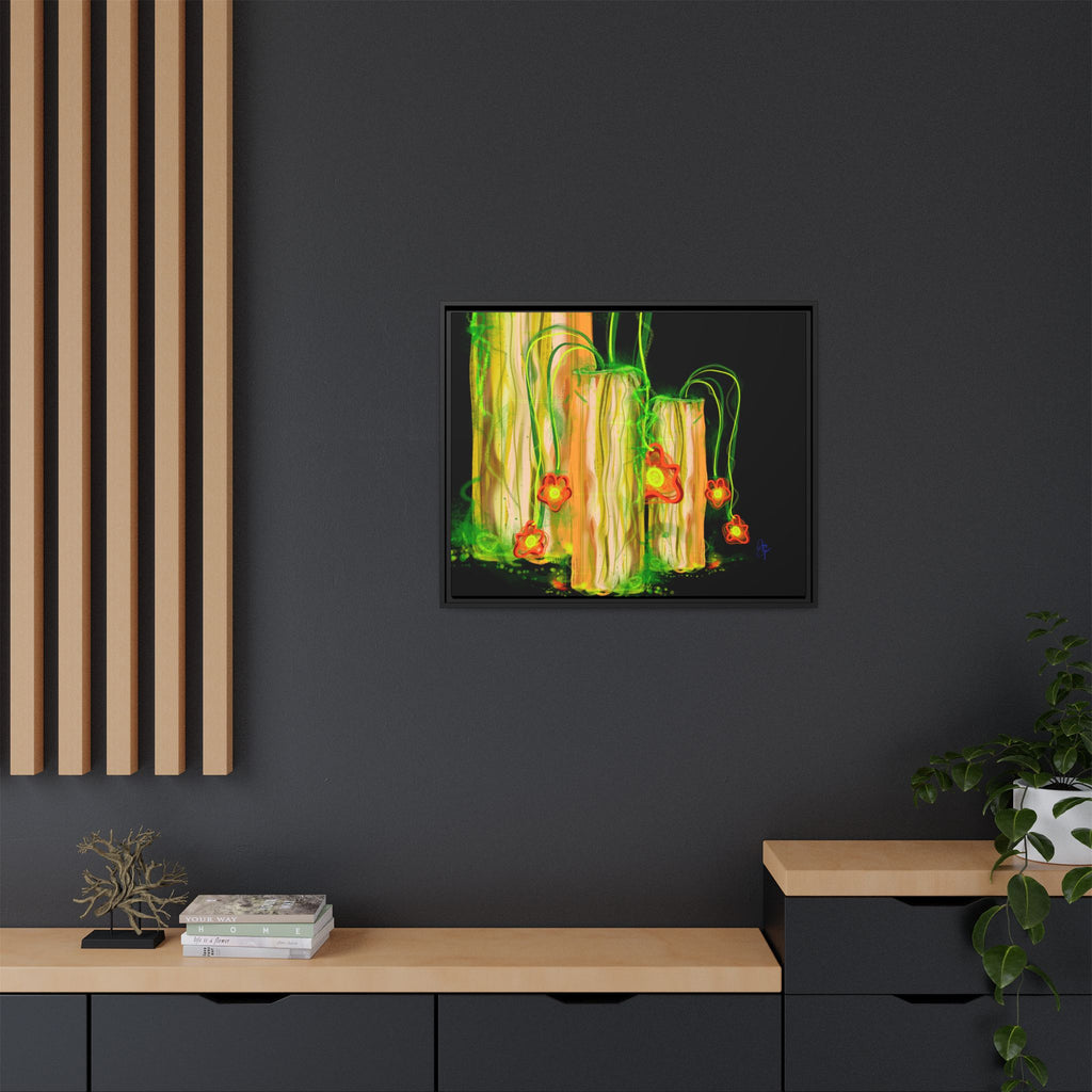 Framed Matte Canvas Print — Neon Floral Candlelight Art