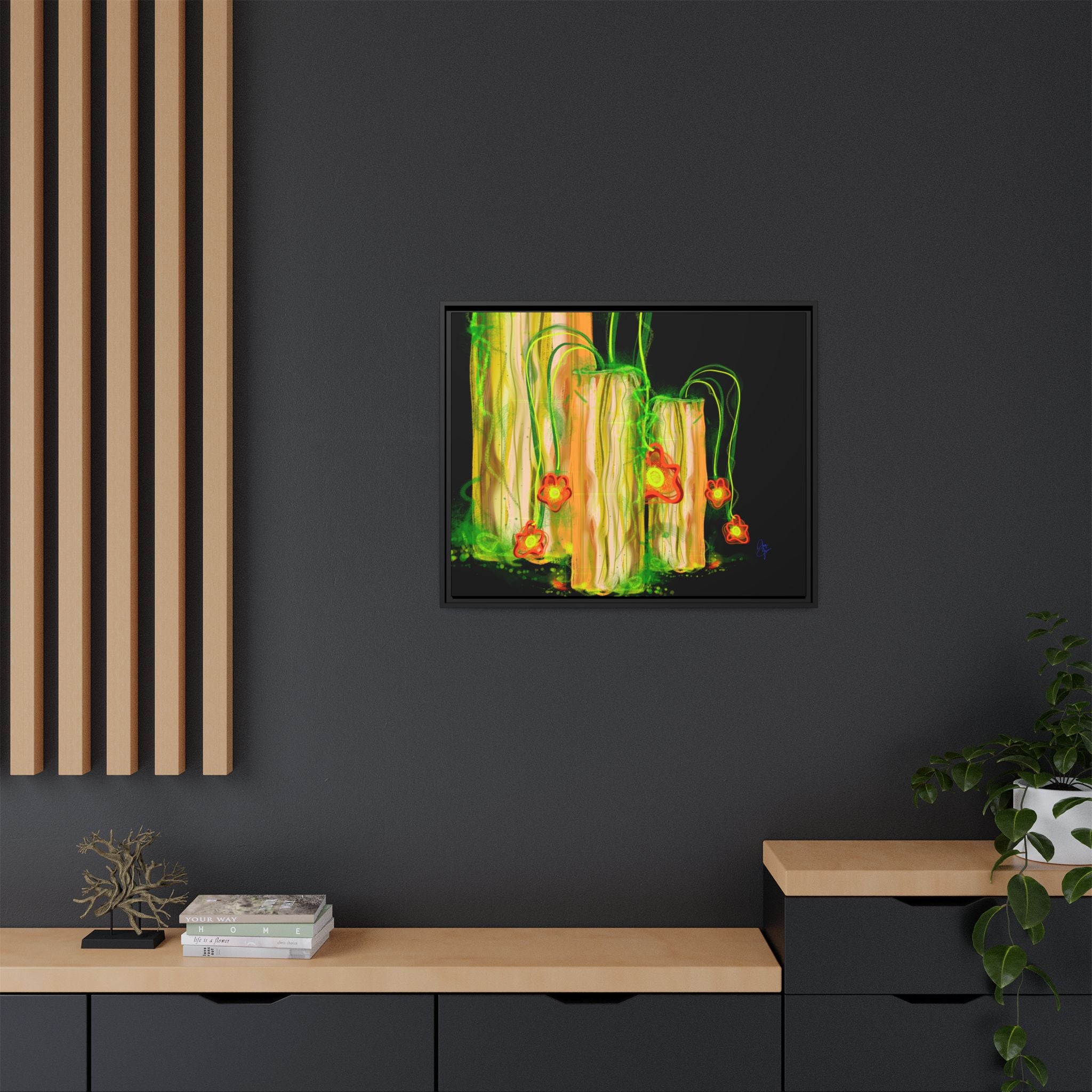 Framed Matte Canvas Print — Neon Floral Candlelight Art