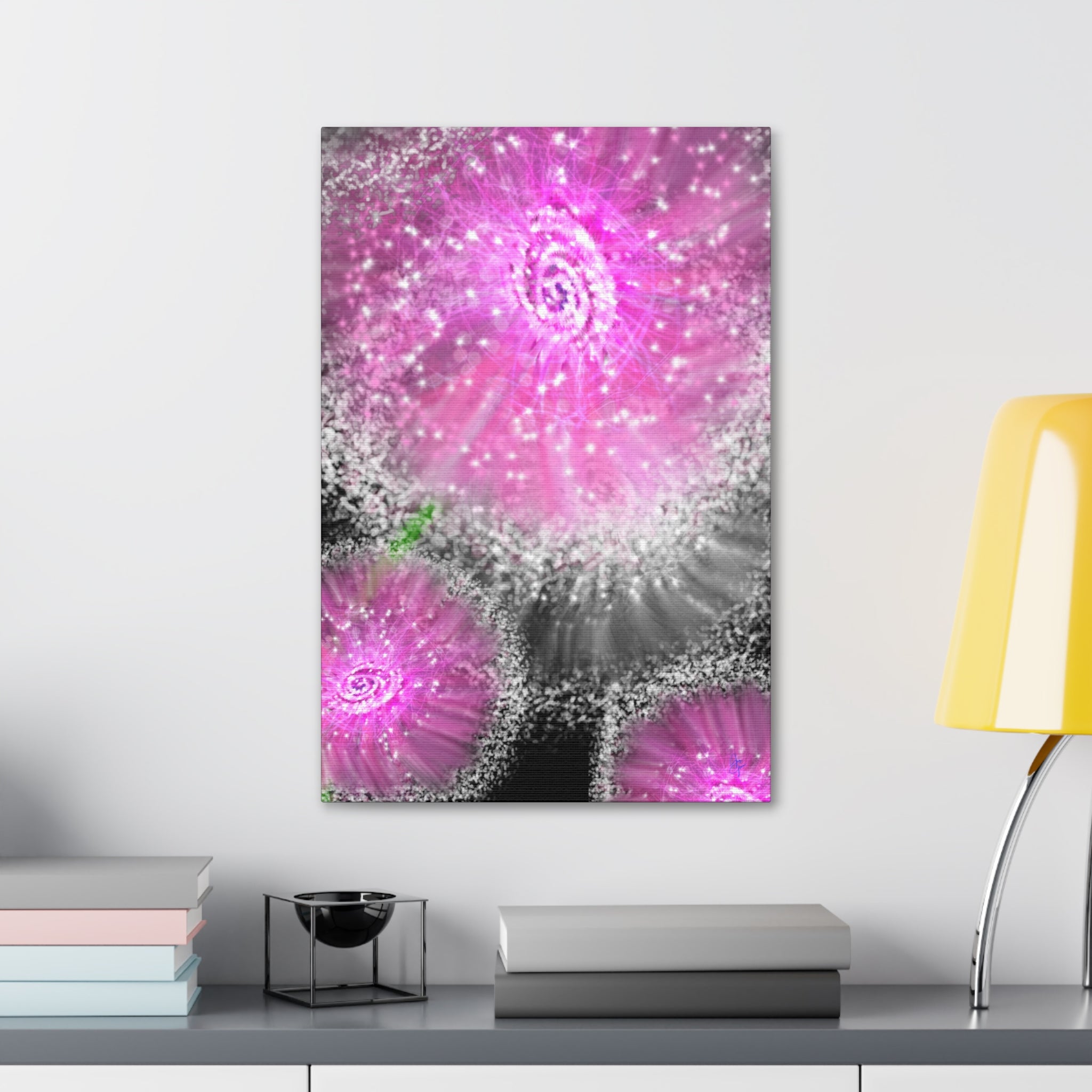 Pink Sparkle Floral Canvas Print — Abstract Dandelion Wall Art (Stretched 1.5")