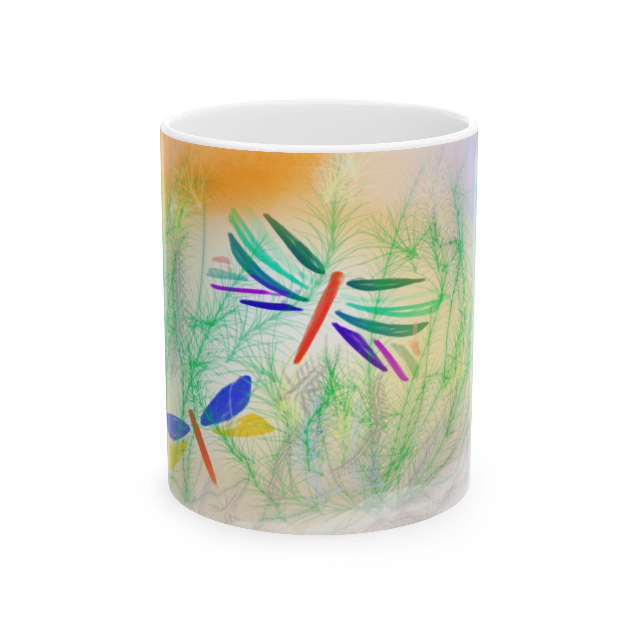 Dragonfly Garden Ceramic Mug — Colorful Nature Art, 11oz & 15oz
