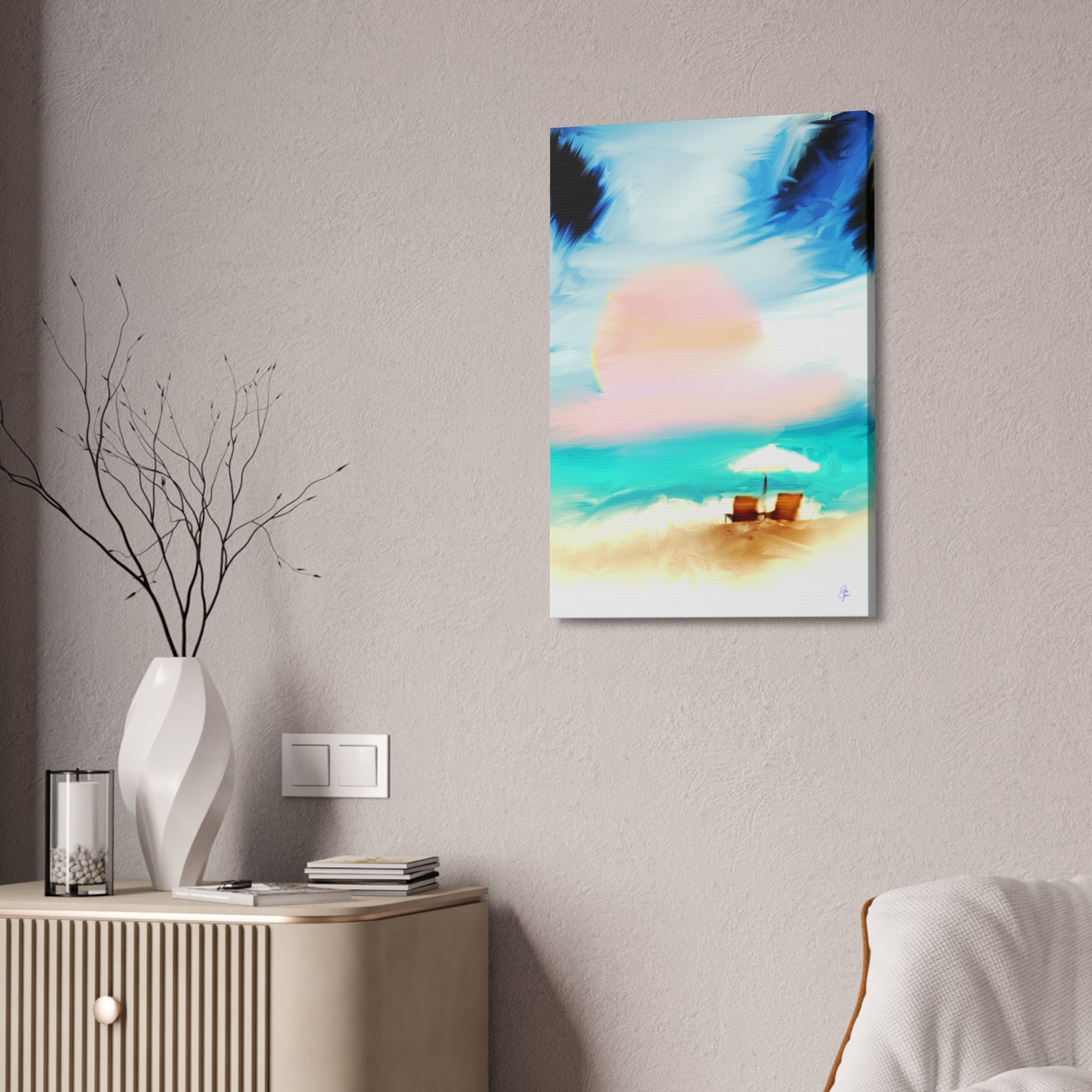 Beach Sunset Canvas Wall Art — Tropical Chairs & Umbrella Stretched Canvas
