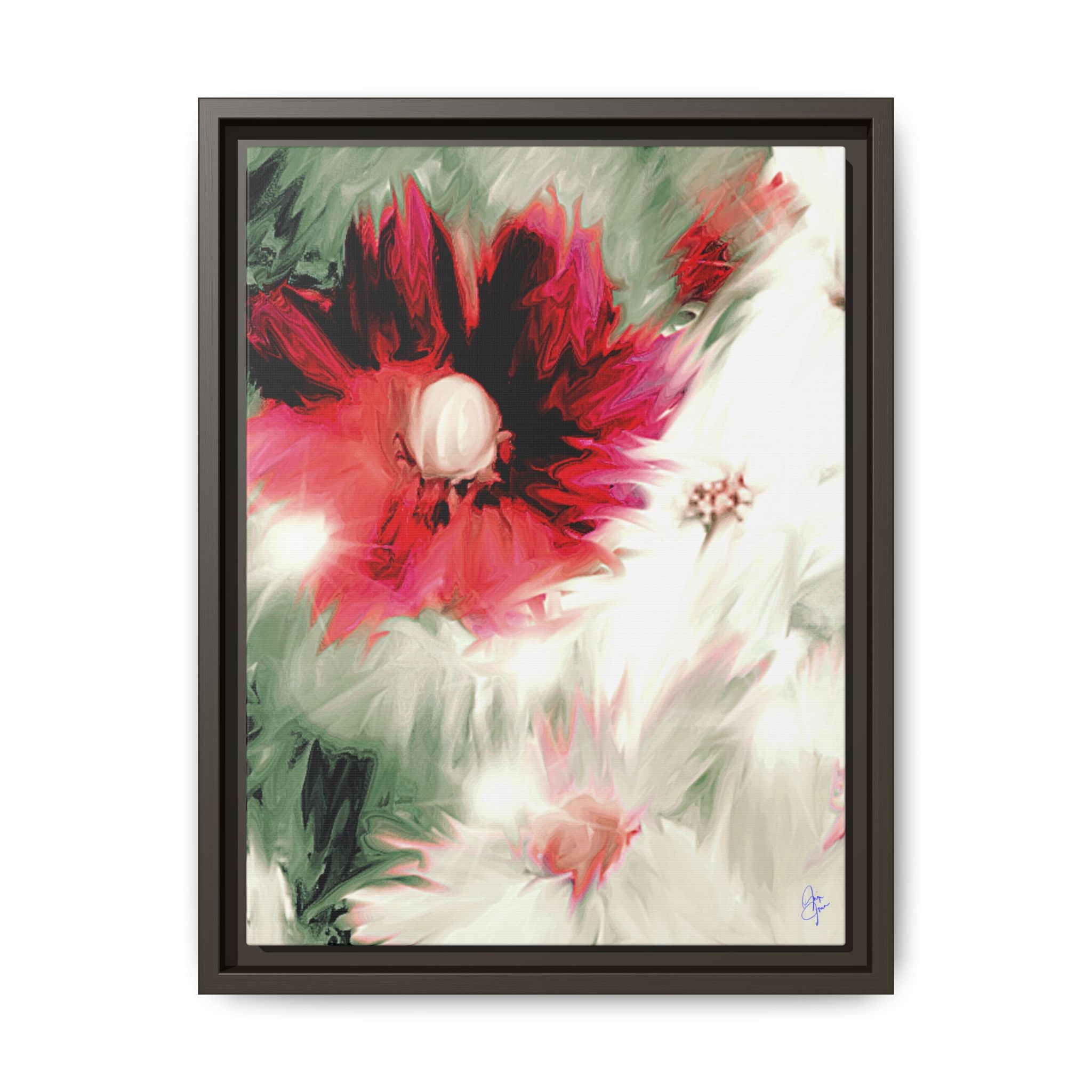 Framed Matte Canvas Print — Blurred Red & White Floral Art