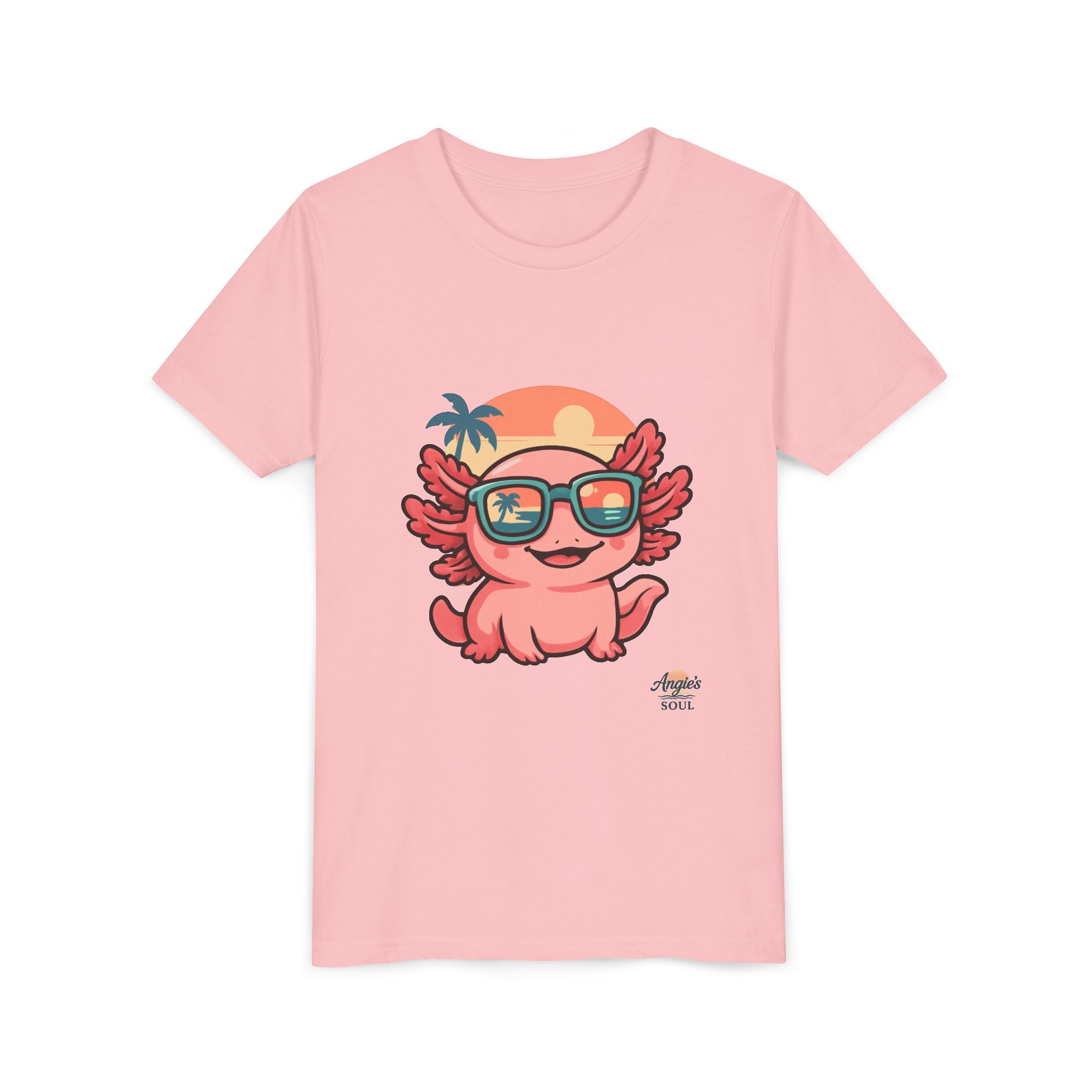 Axolotl Sunset Kids Tee — Cute Sunglasses Beach Axolotl Youth T-Shirt