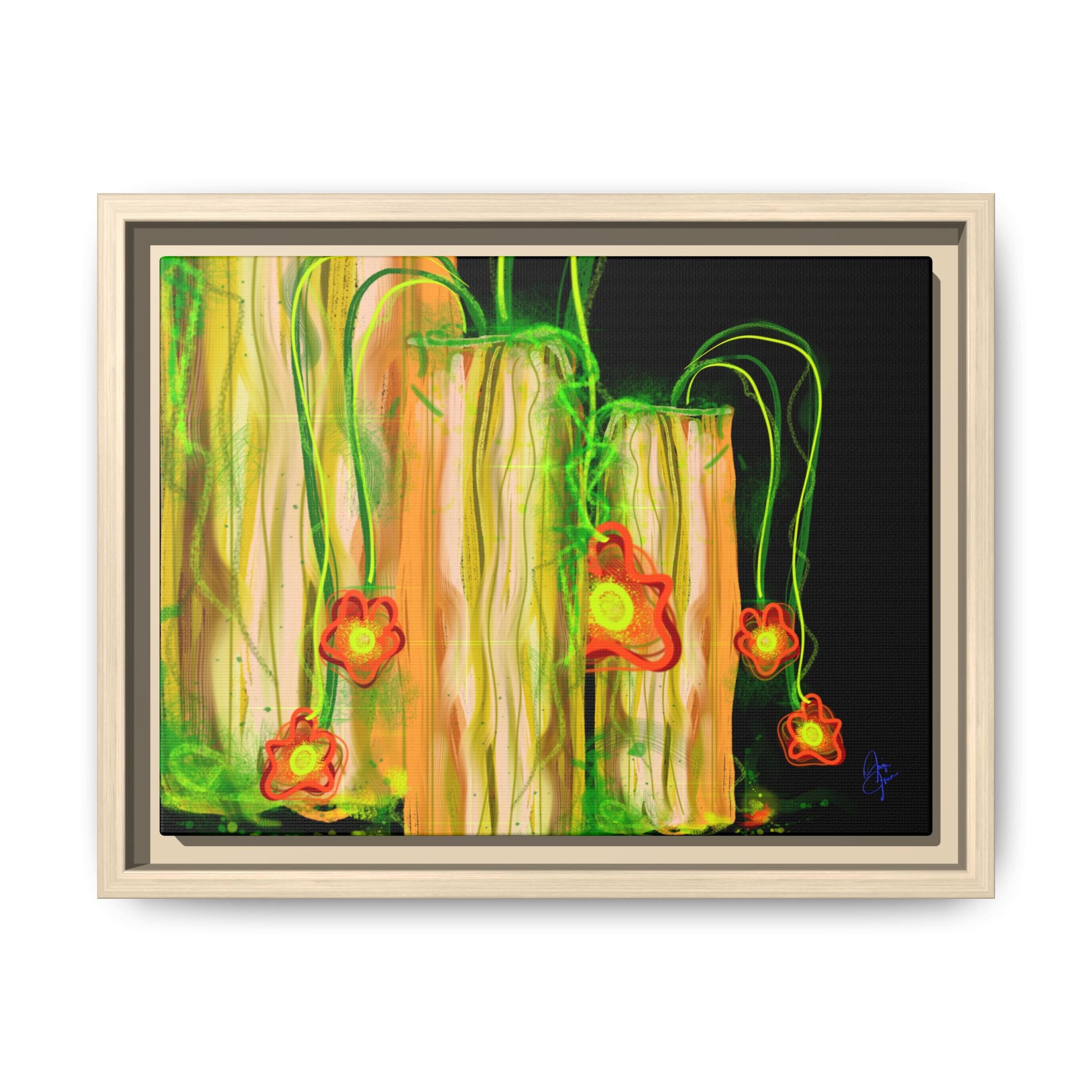 Framed Matte Canvas Print — Neon Floral Candlelight Art