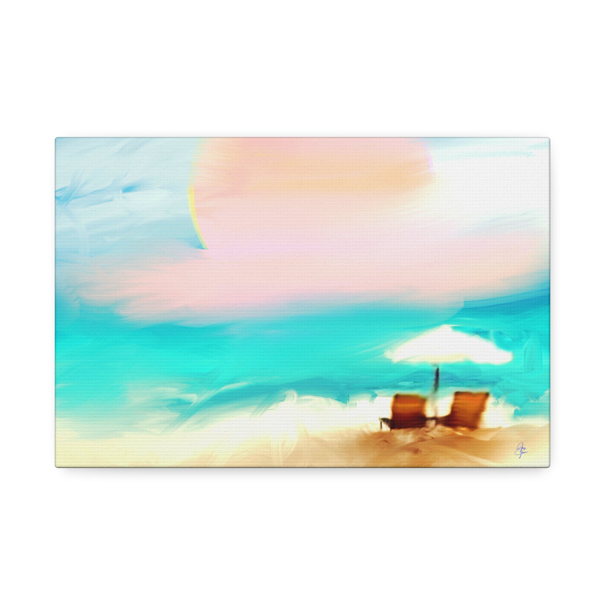 Beach Sunset Canvas Wall Art — Tropical Chairs & Umbrella Stretched Canvas