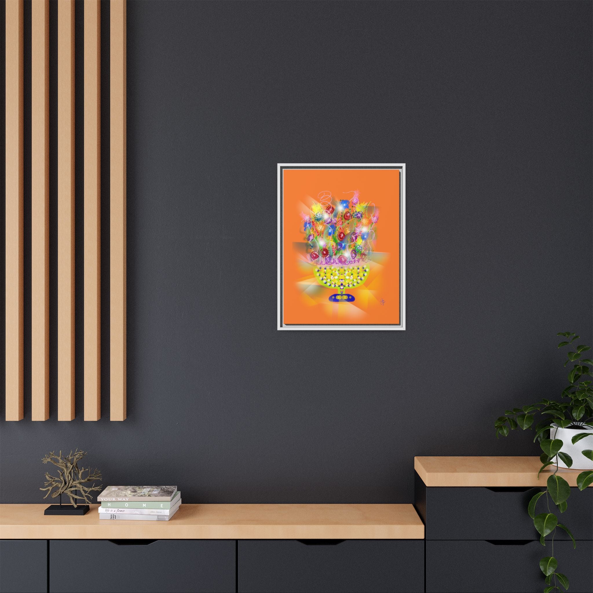 Framed Canvas Art - Colorful Festive Bouquet on Deep Blue Matte