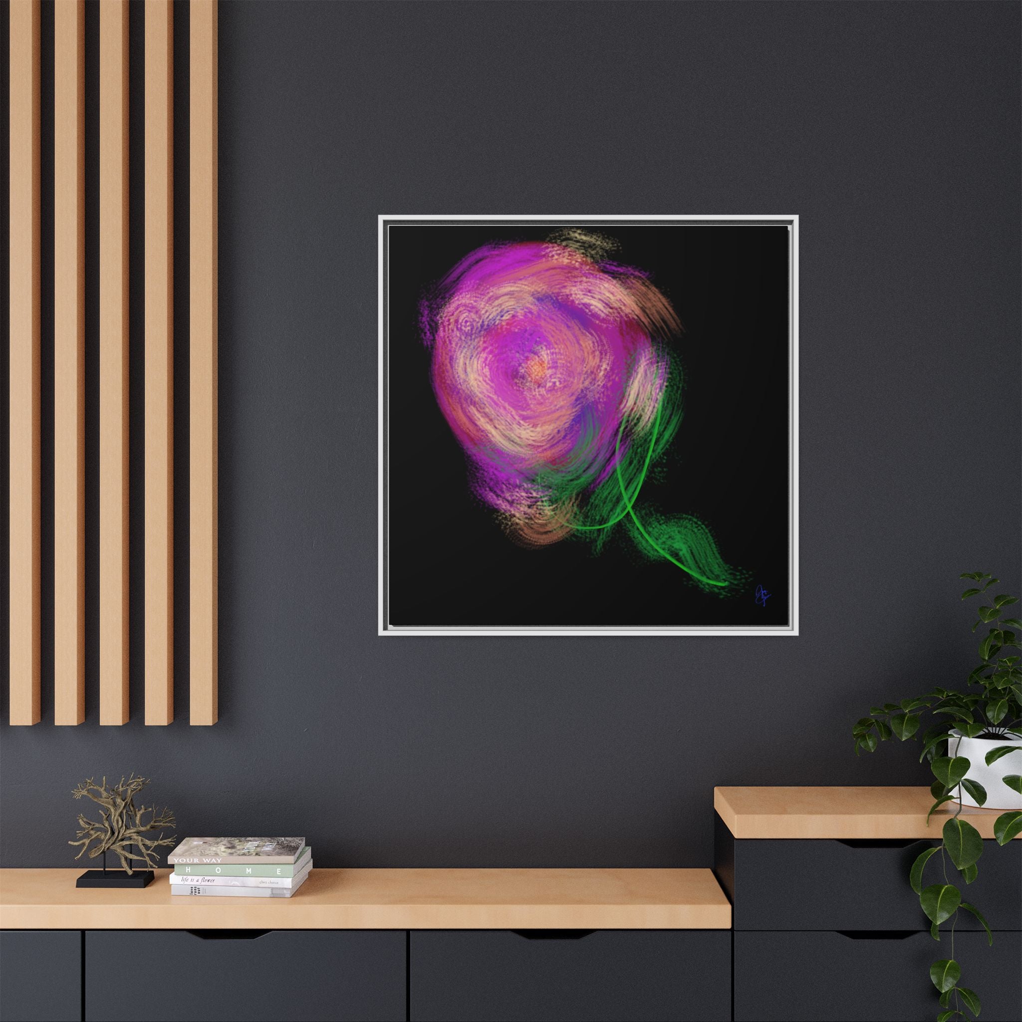 Abstract Rose Swirl Matte Framed Canvas — Multicolor Floral Wall Art