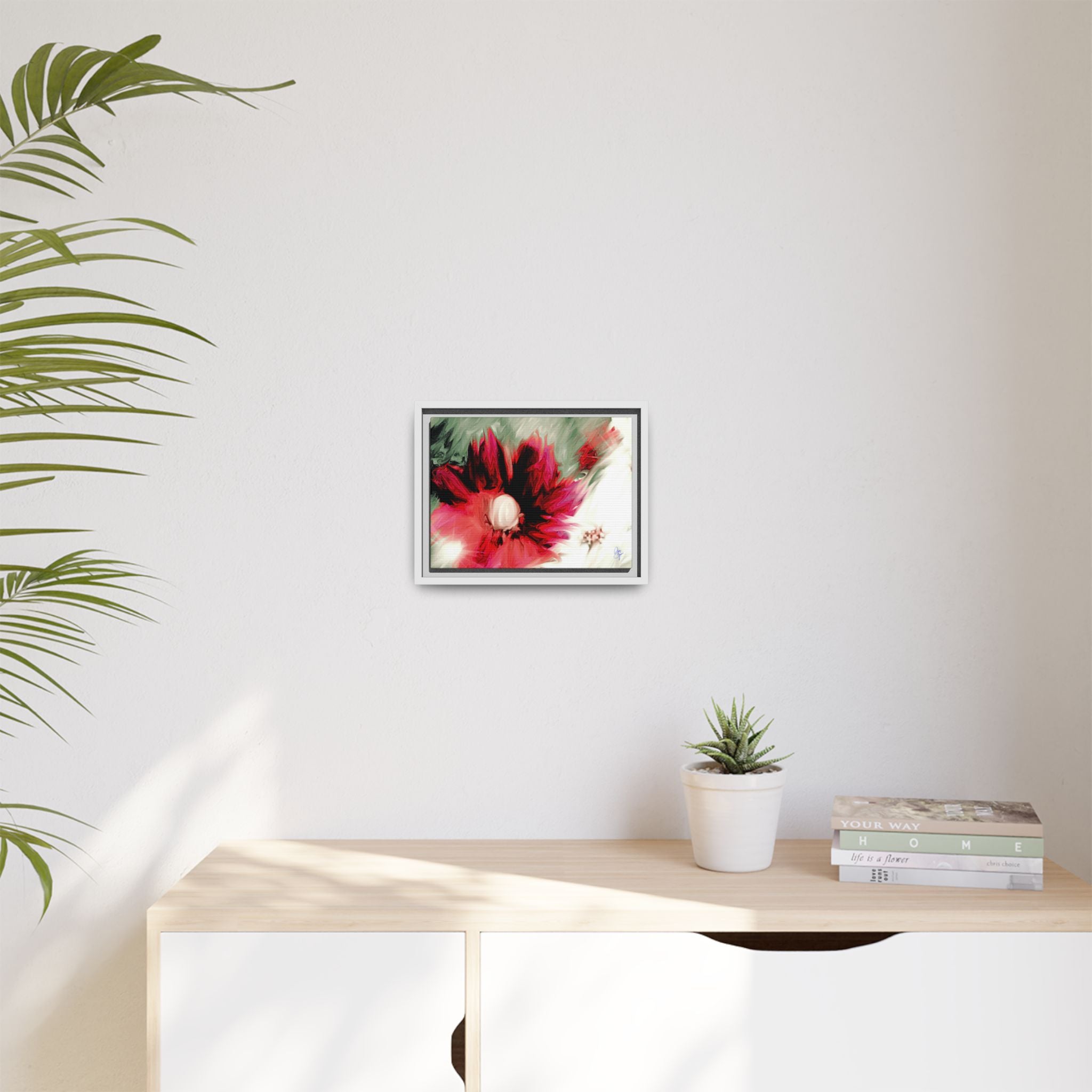 Framed Matte Canvas Print — Blurred Red & White Floral Art