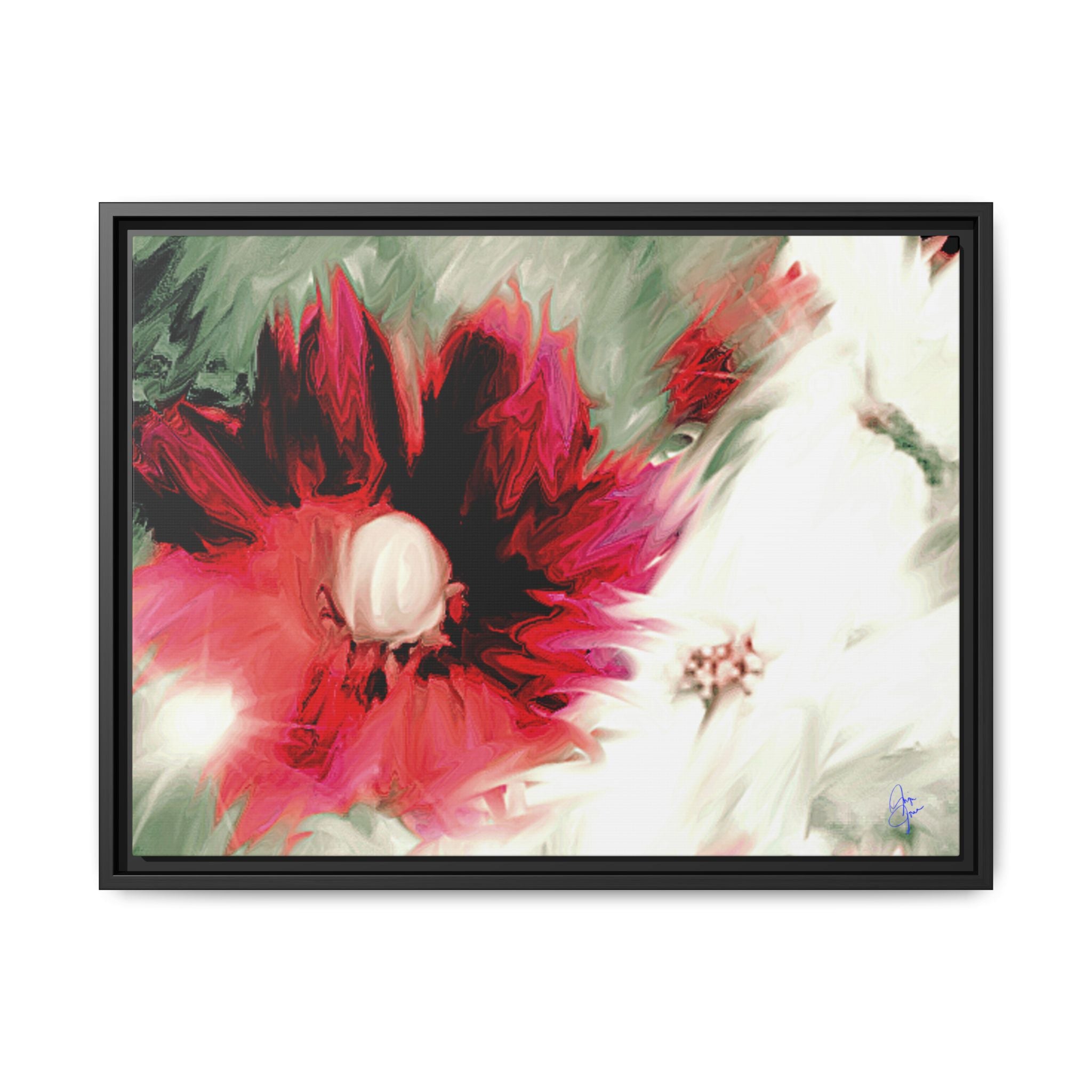 Framed Matte Canvas Print — Blurred Red & White Floral Art