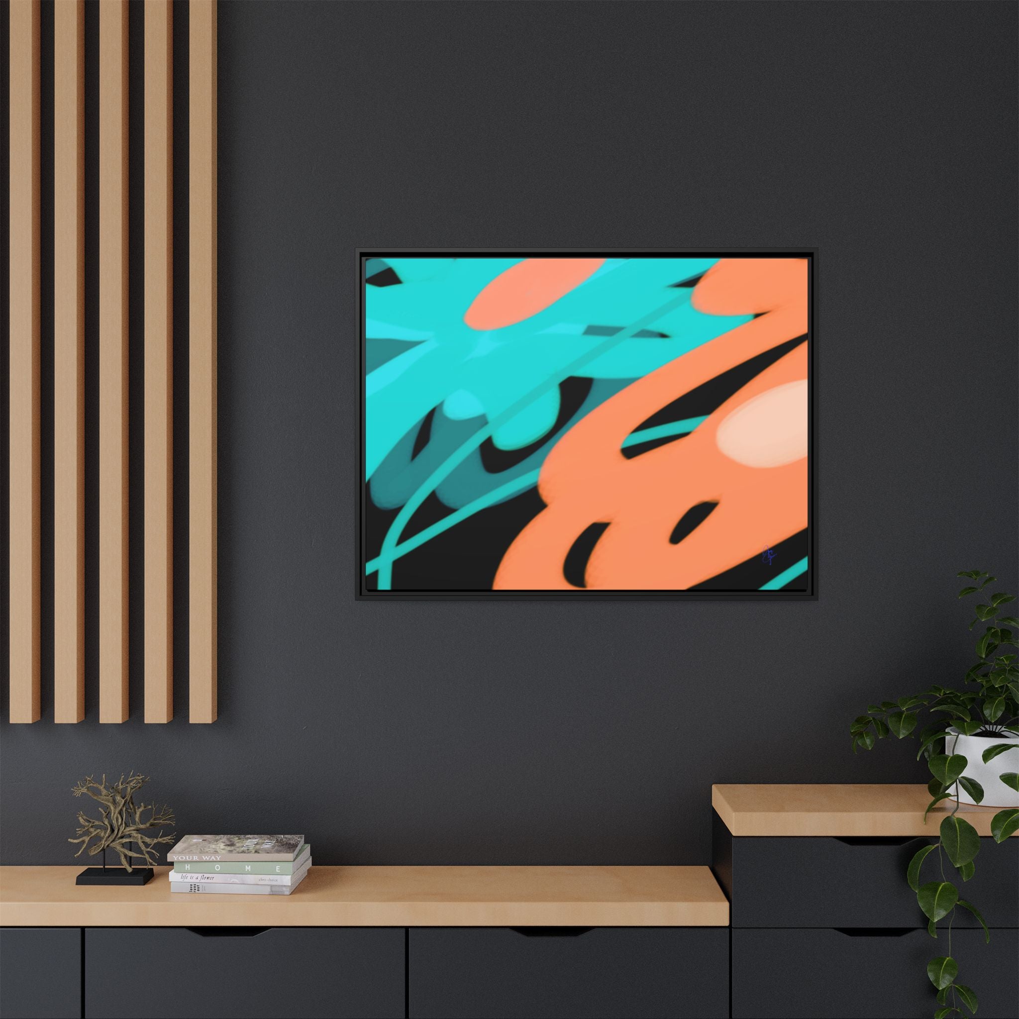 Abstract Teal & Coral Splash Framed Canvas