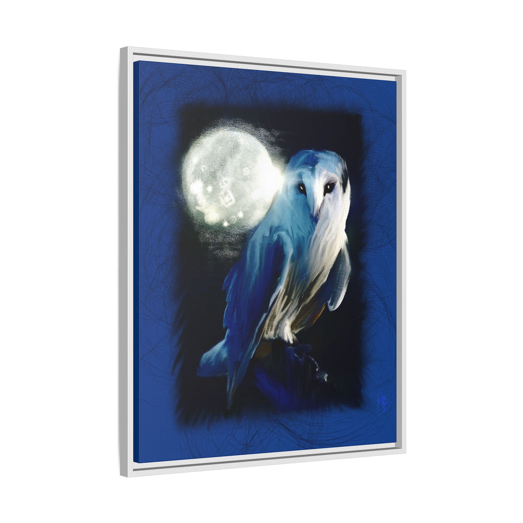 Moonlight Owl Matte Framed Canvas — Mystical Blue Owl Wall Art