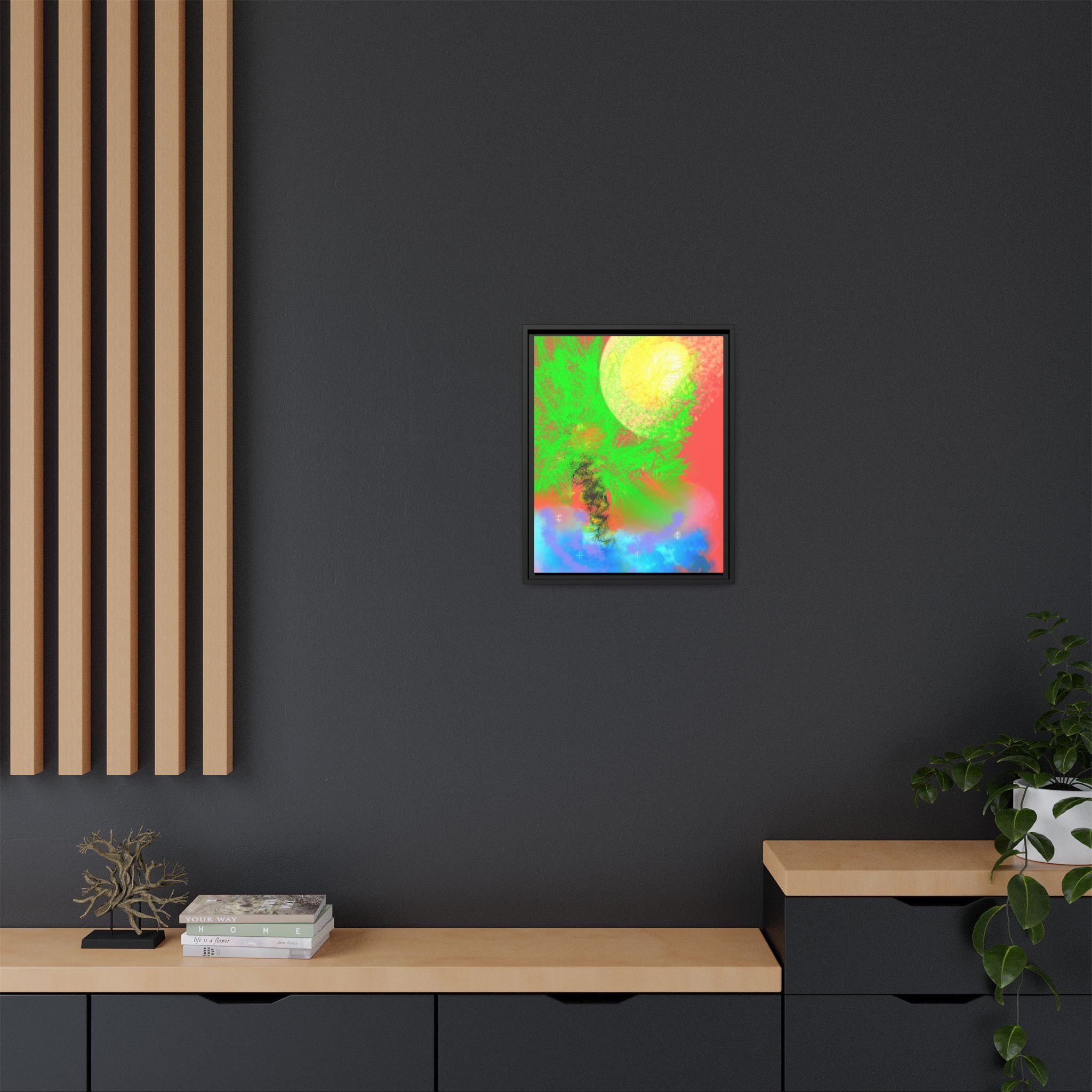 Abstract Neon Tree Matte Canvas Framed Art — Vibrant Green Moon Landscape