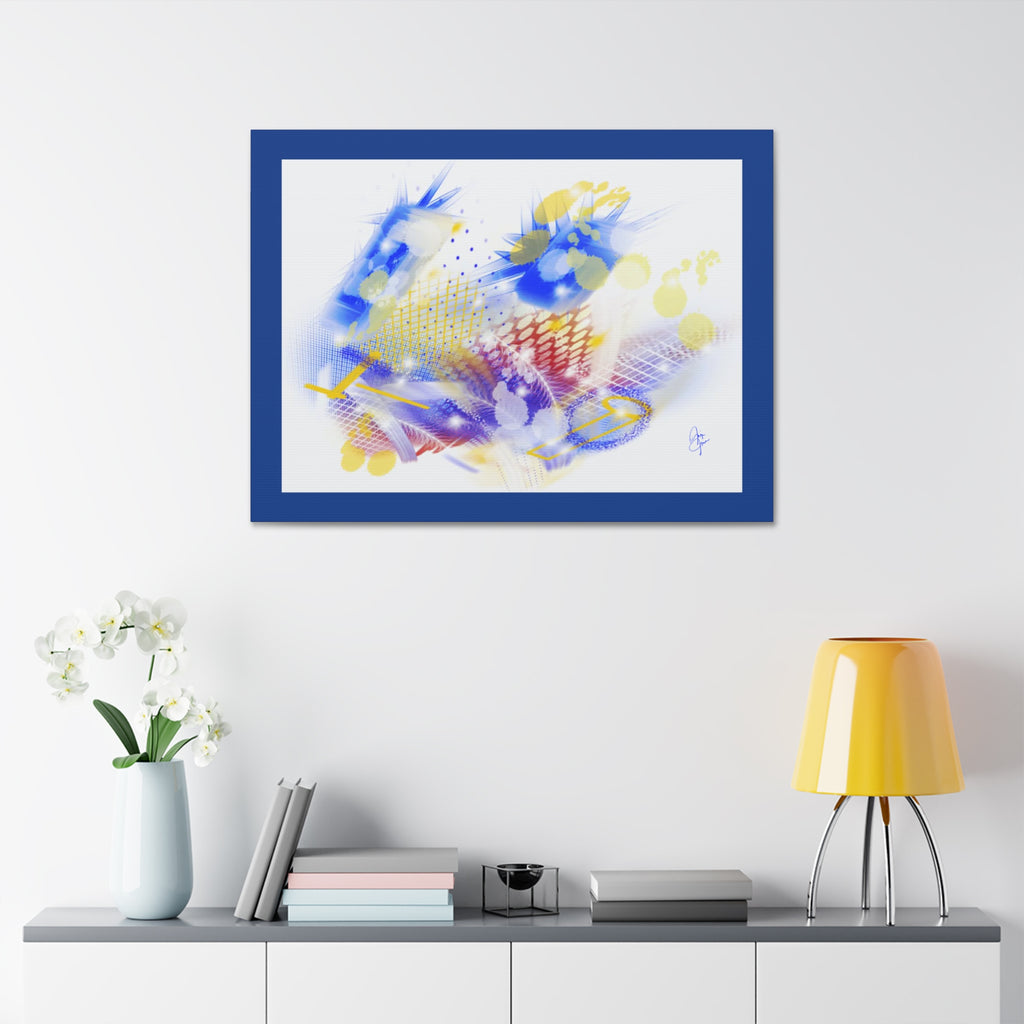 Abstract Blue & Yellow Art Canvas Print — Stretched 1.5" with Red Border