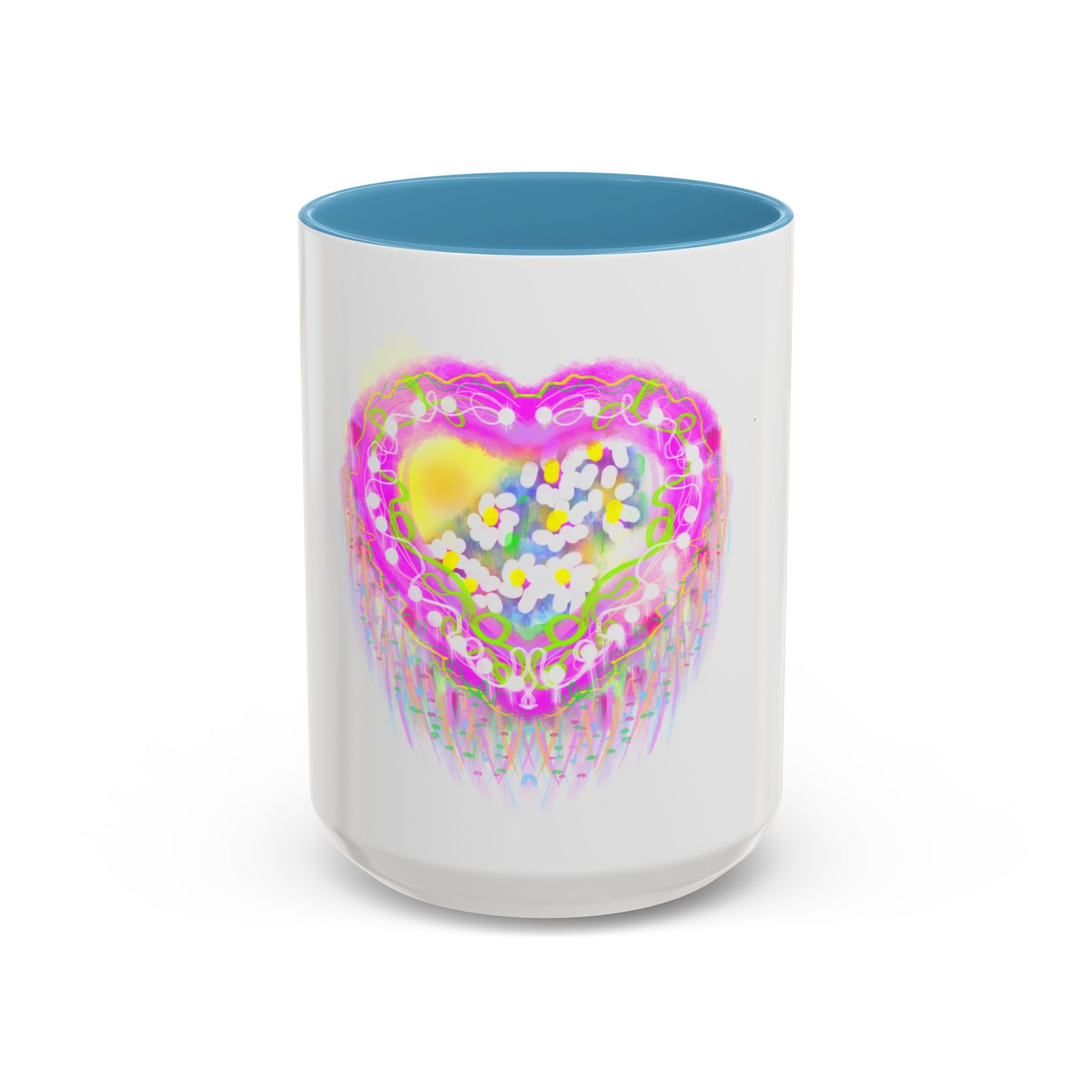 Pink Heart Floral Coffee Mug — Cute Pastel Accent Mug with Daisy Heart Design