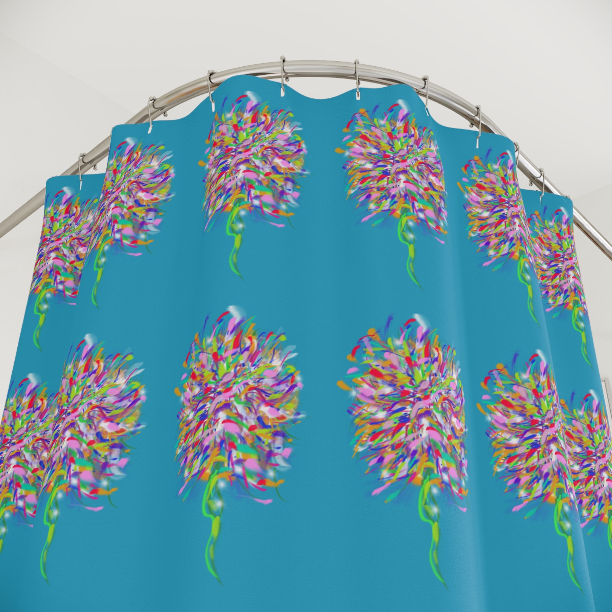Floral Burst Shower Curtain — Bright Blue Colorful Bouquet Pattern