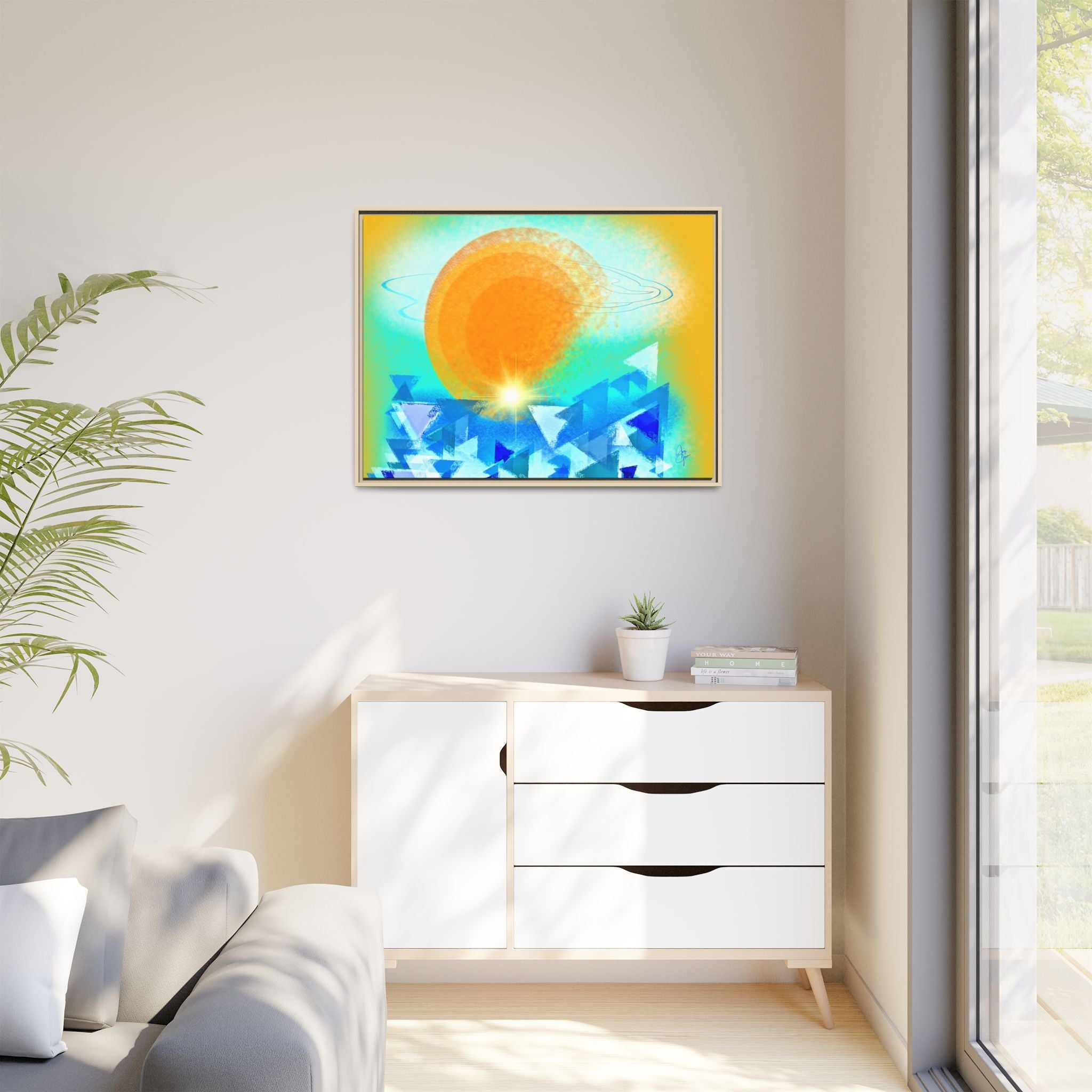 Abstract Sunrise Framed Canvas Art – Orange Sun Over Blue Geometric Waves