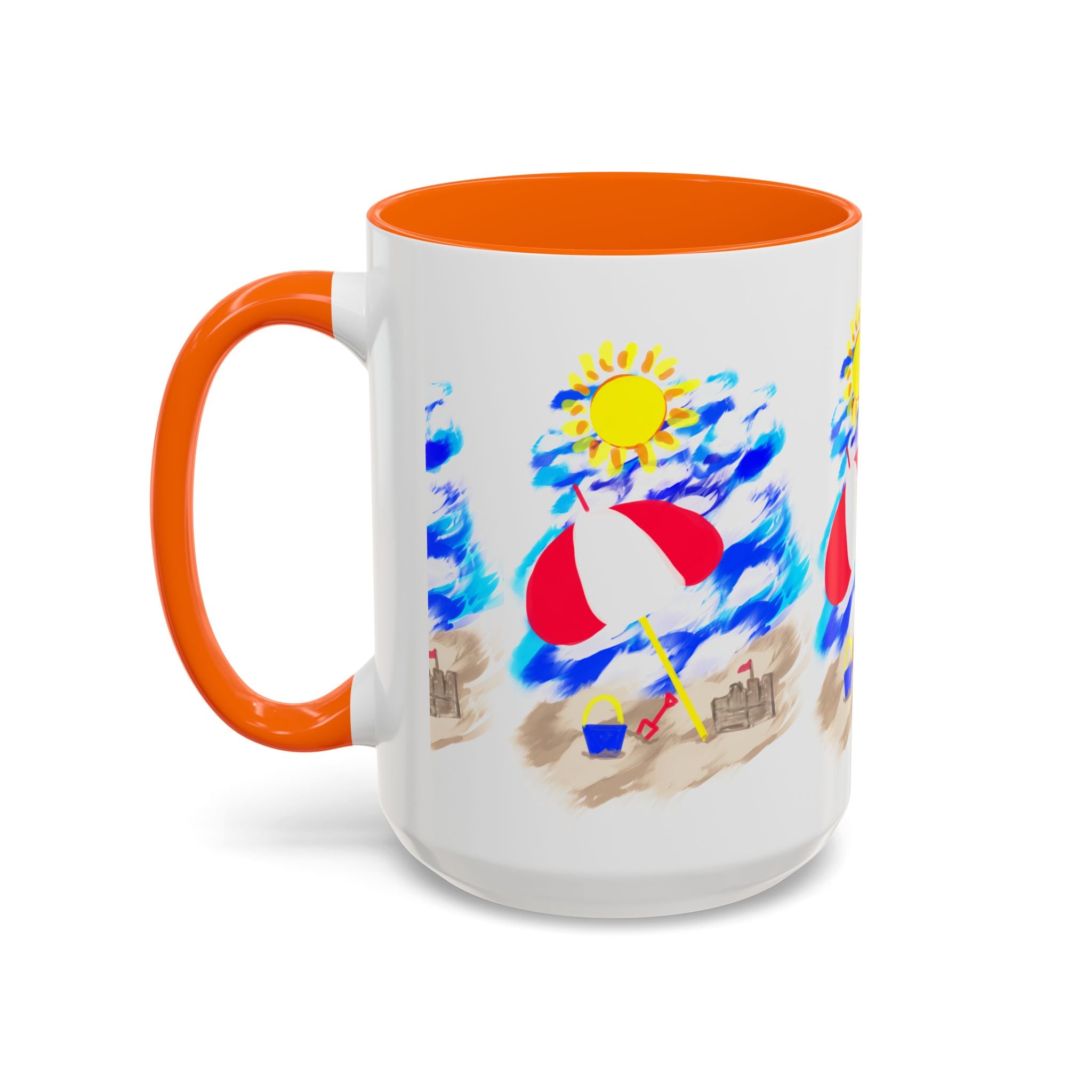 Beach Scene Coffee Mug – Summer Umbrella, Sun & Sandcastle Accent Mug
