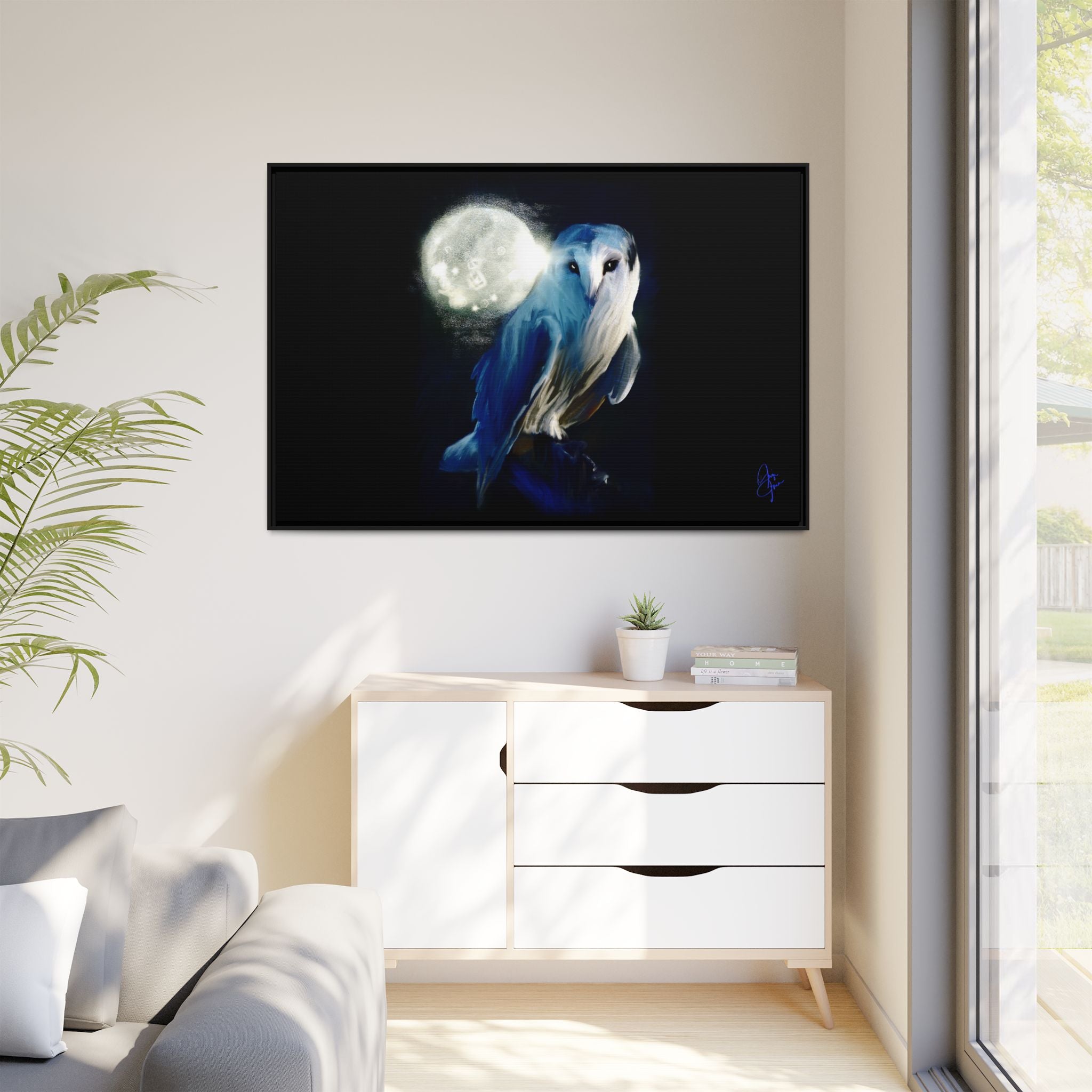 Moonlight Owl Matte Framed Canvas — Mystical Blue Owl Wall Art