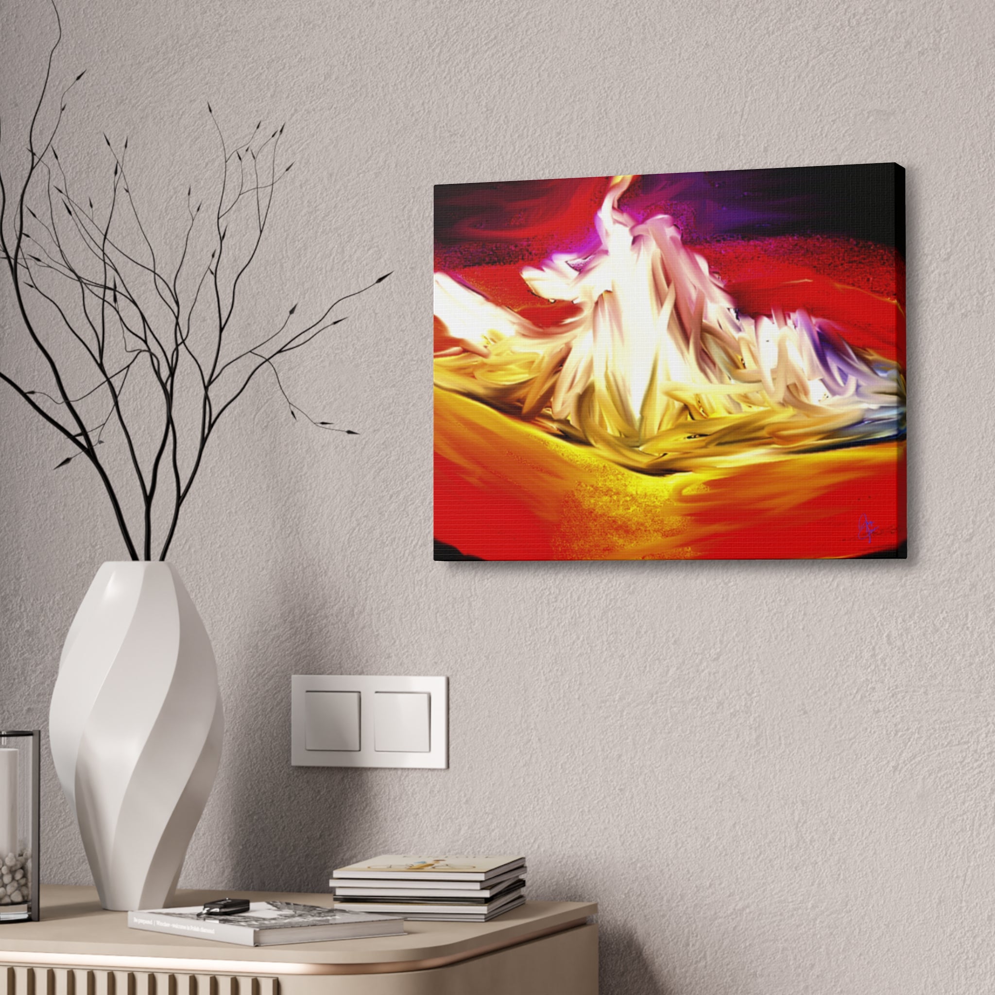 Abstract Campfire Canvas Print — Vibrant Red & Gold Stretched Wall Art
