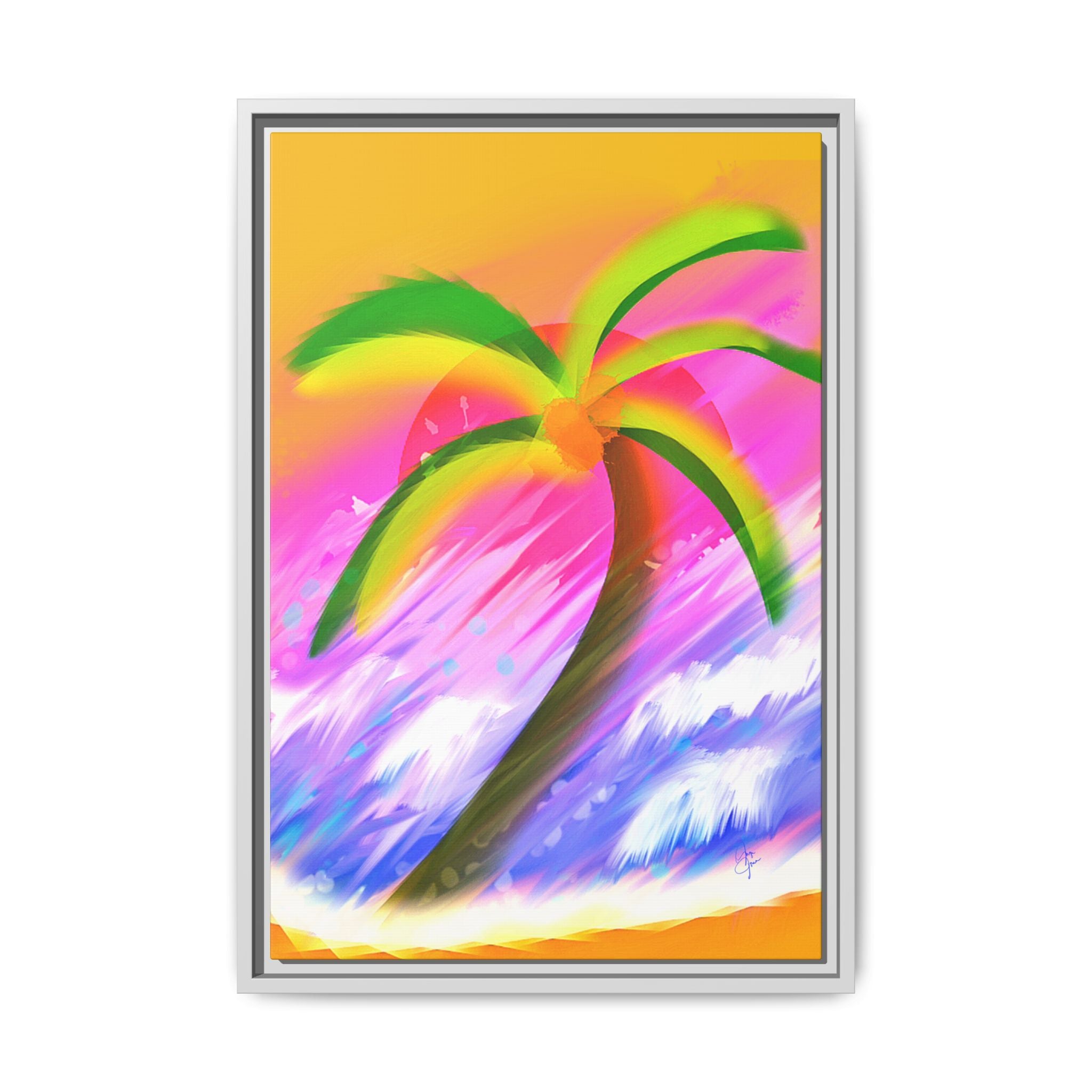 Framed Matte Canvas Print — Neon Palm Beach Art