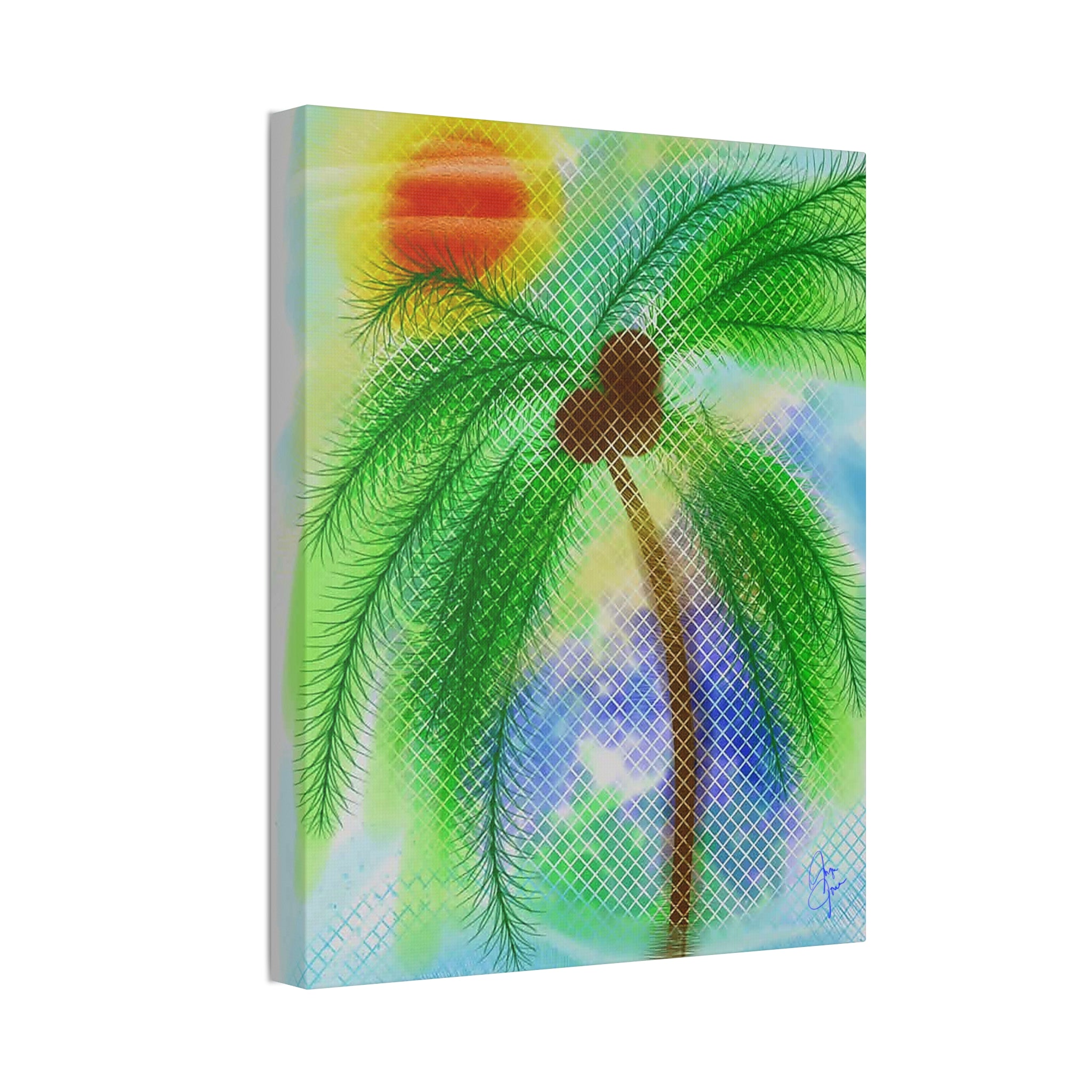 Tropical Palm Canvas Print – Heart Coconut Sunset Wall Art, Stretched 1.5"