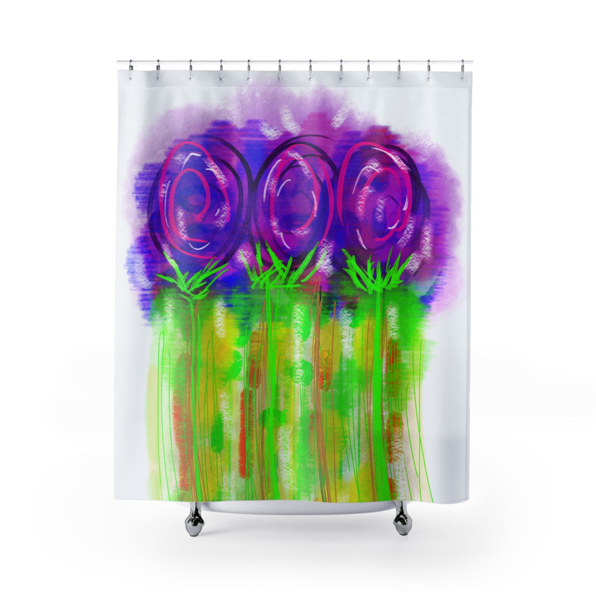Purple Floral Shower Curtain – Abstract Watercolor Roses Bathroom Decor