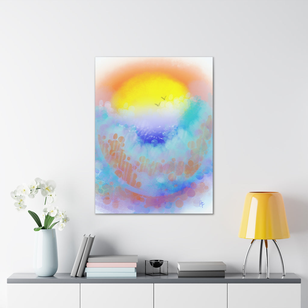 Sunrise Seascape Canvas Wall Art – Pastel Ocean Waves with Birds