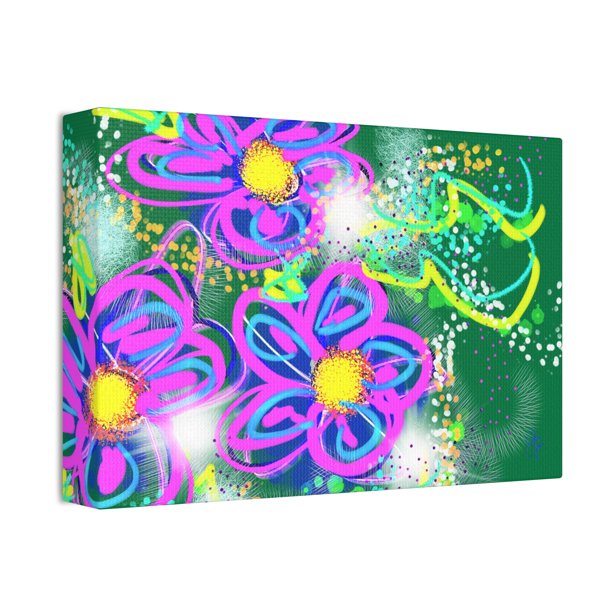 Vibrant Neon Floral Canvas Print — Pink & Green Stretched Wall Art