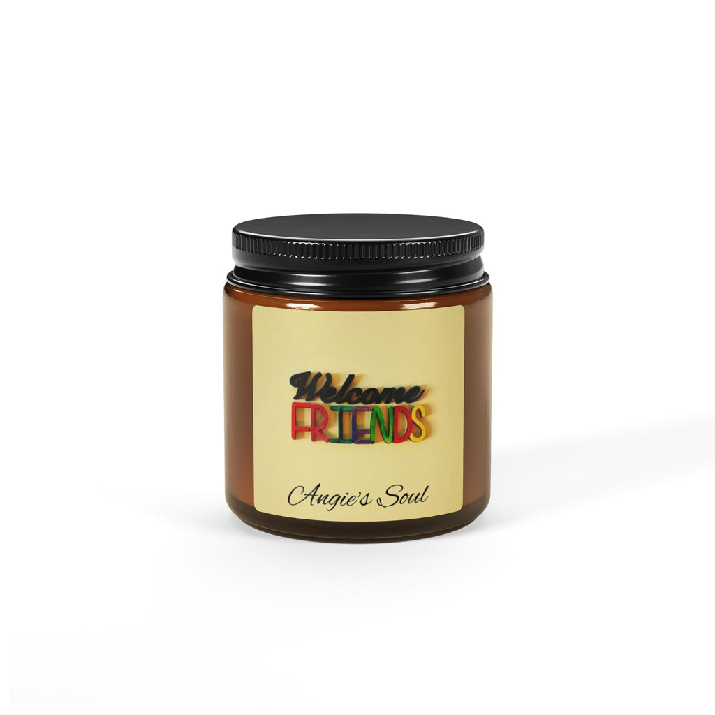 Welcome Friends Soy Candle — Amber Jar Scented Candle (Personalized "Angie’s Soul")