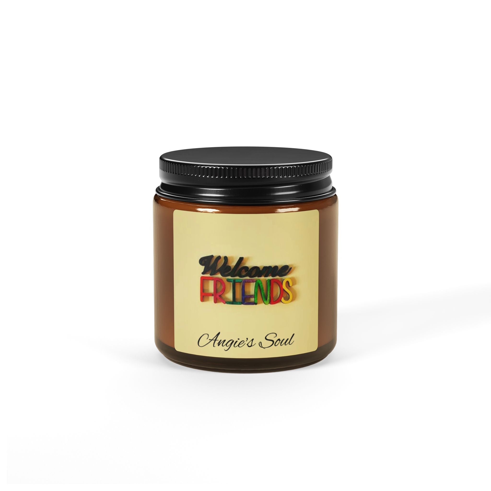 Welcome Friends Soy Candle — Amber Jar Scented Candle (Personalized "Angie’s Soul")