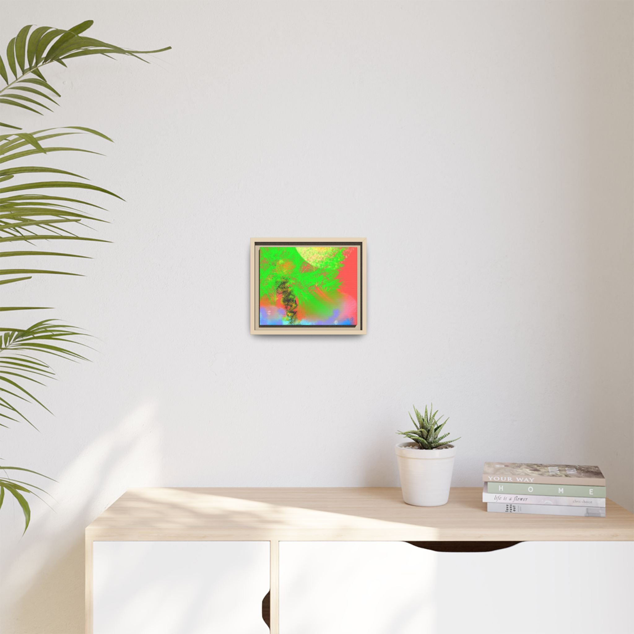 Abstract Neon Tree Matte Canvas Framed Art — Vibrant Green Moon Landscape