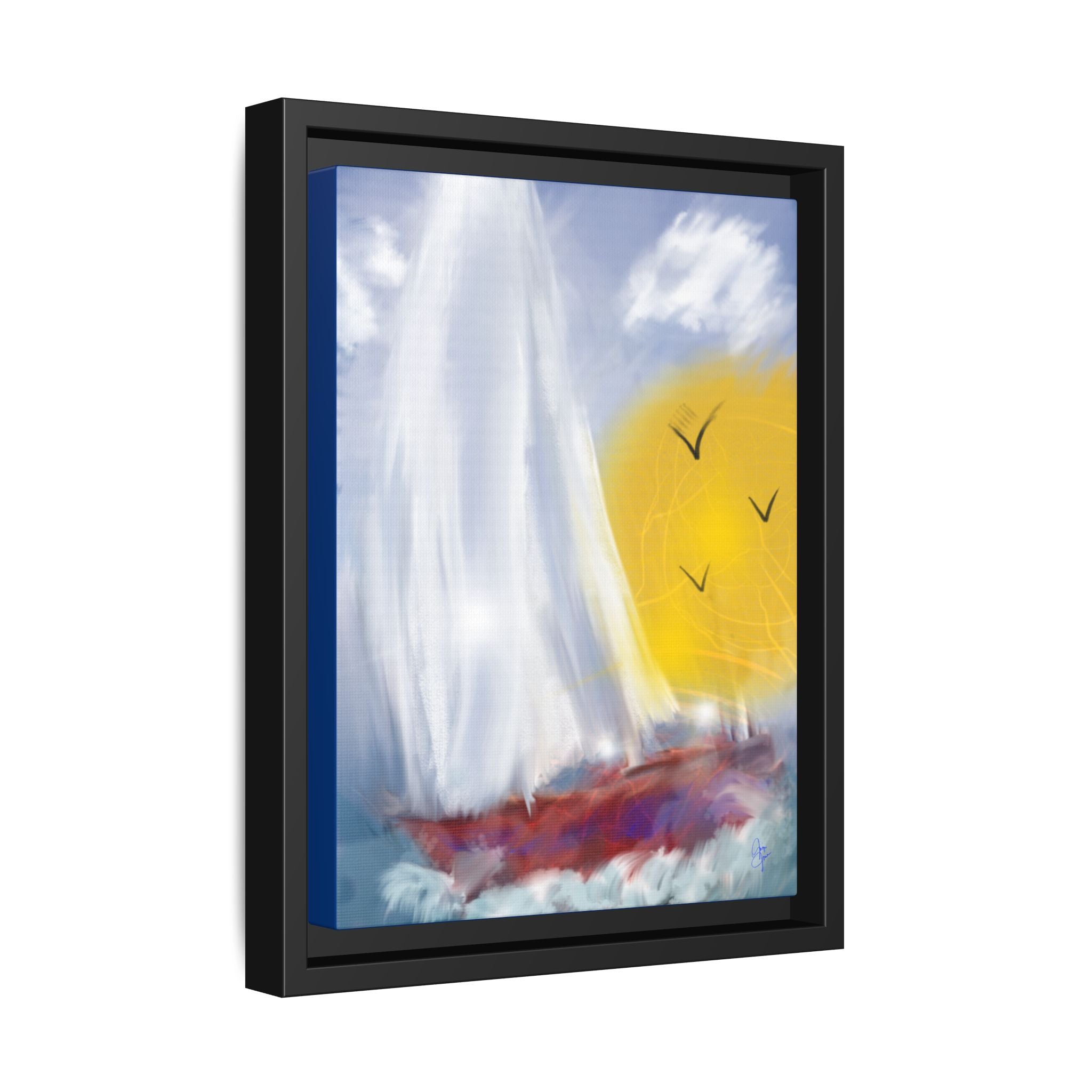 Sailboat Sunset Matte Framed Canvas Print — Coastal Seascape Wall Art