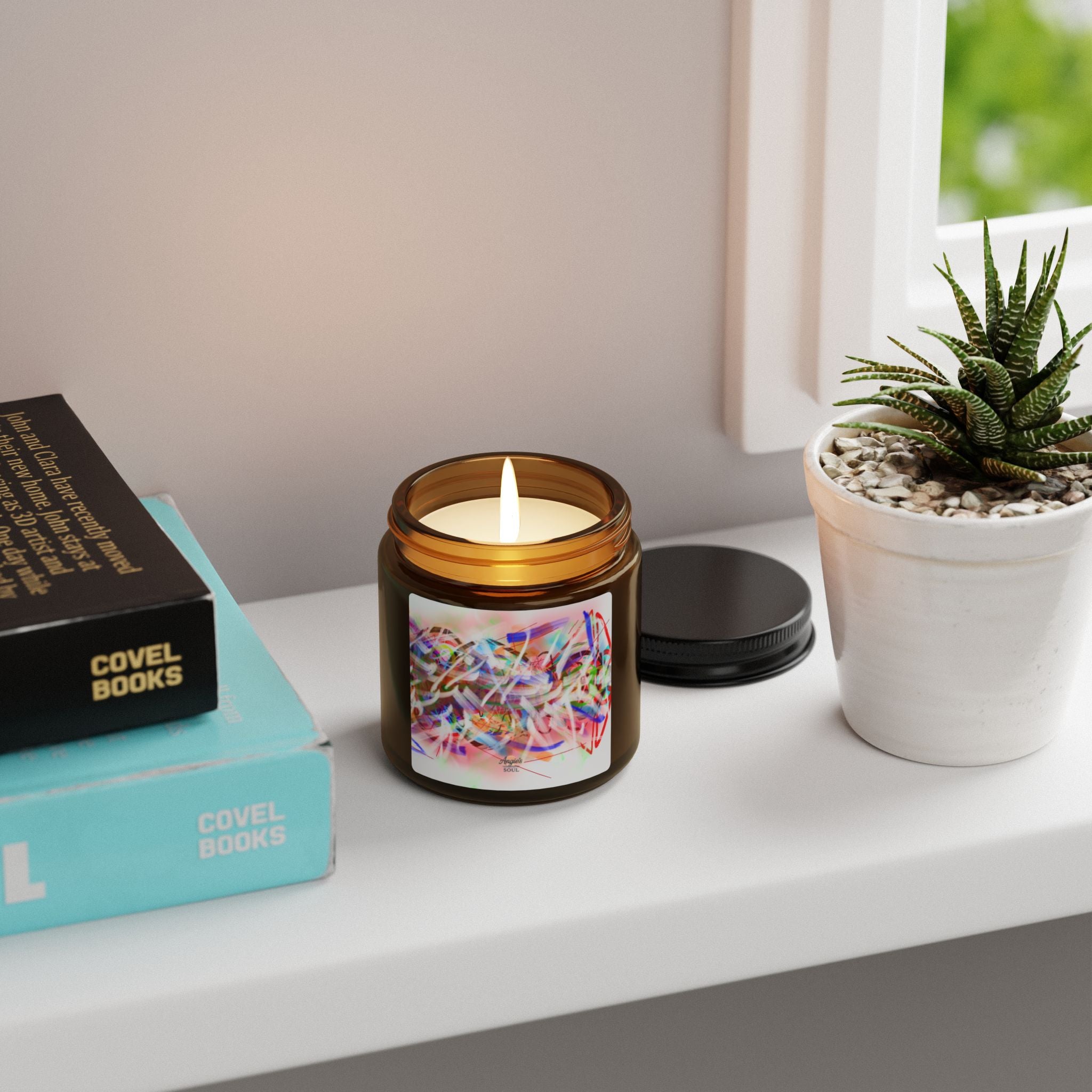 Soy Candle — Amber Jar with Colorful Abstract Art Label