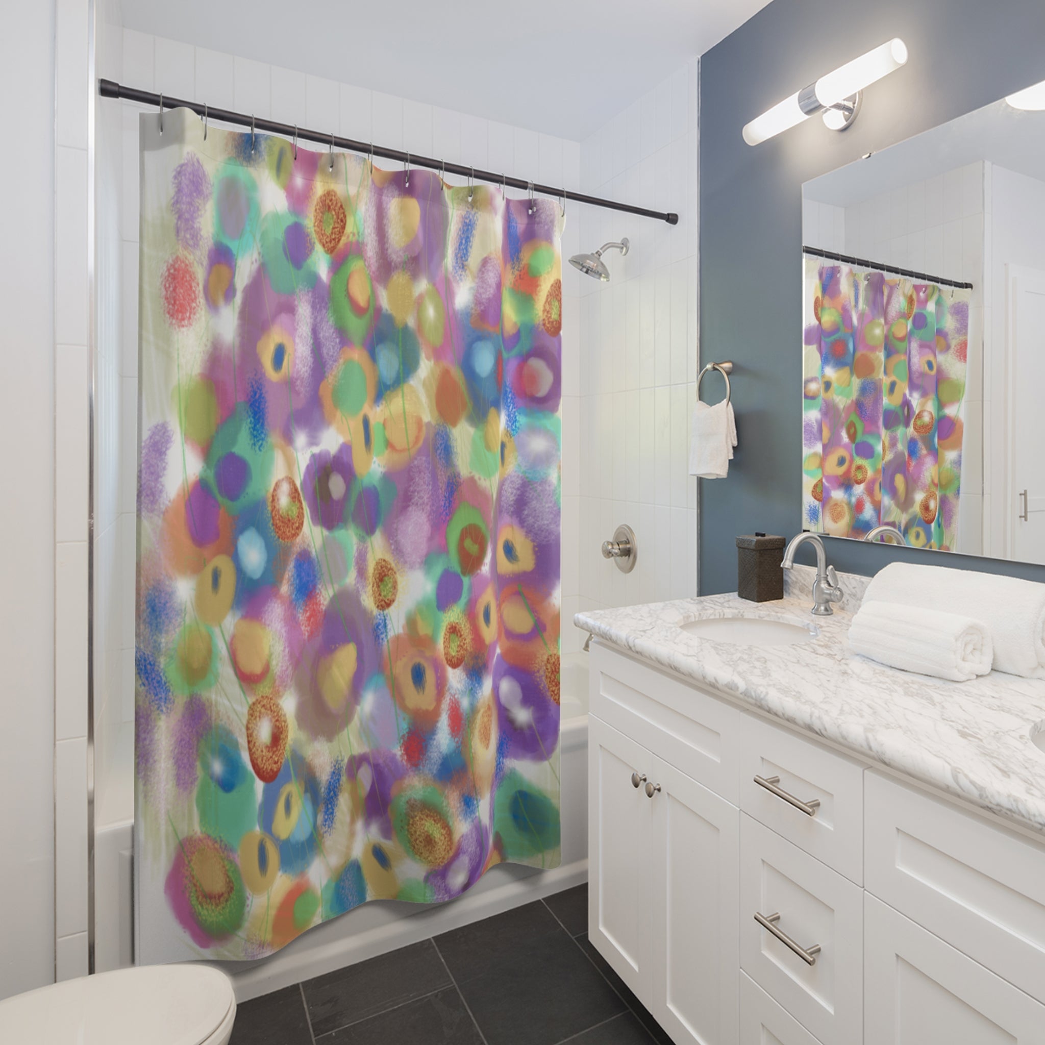 Colorful Abstract Floral Shower Curtain — Watercolor Circle Pattern Bathroom Decor