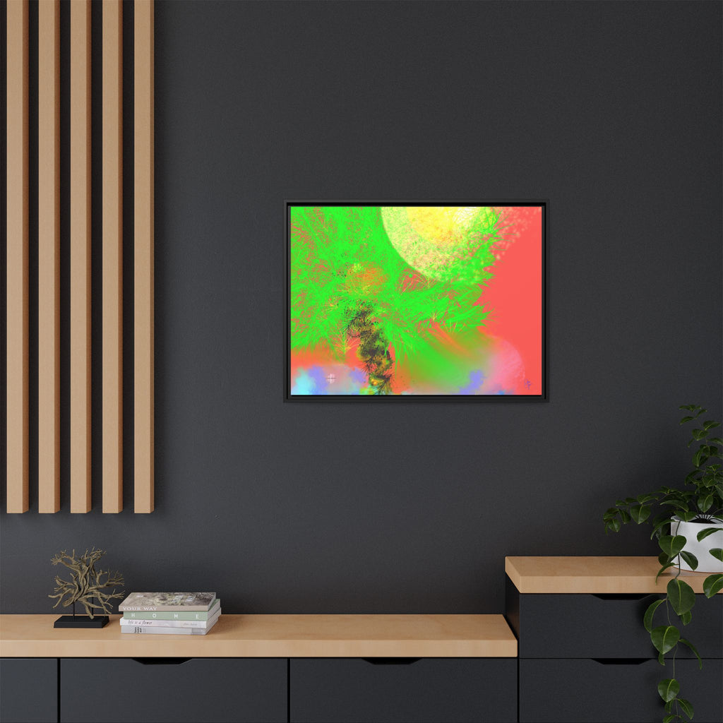 Abstract Neon Tree Matte Canvas Framed Art — Vibrant Green Moon Landscape