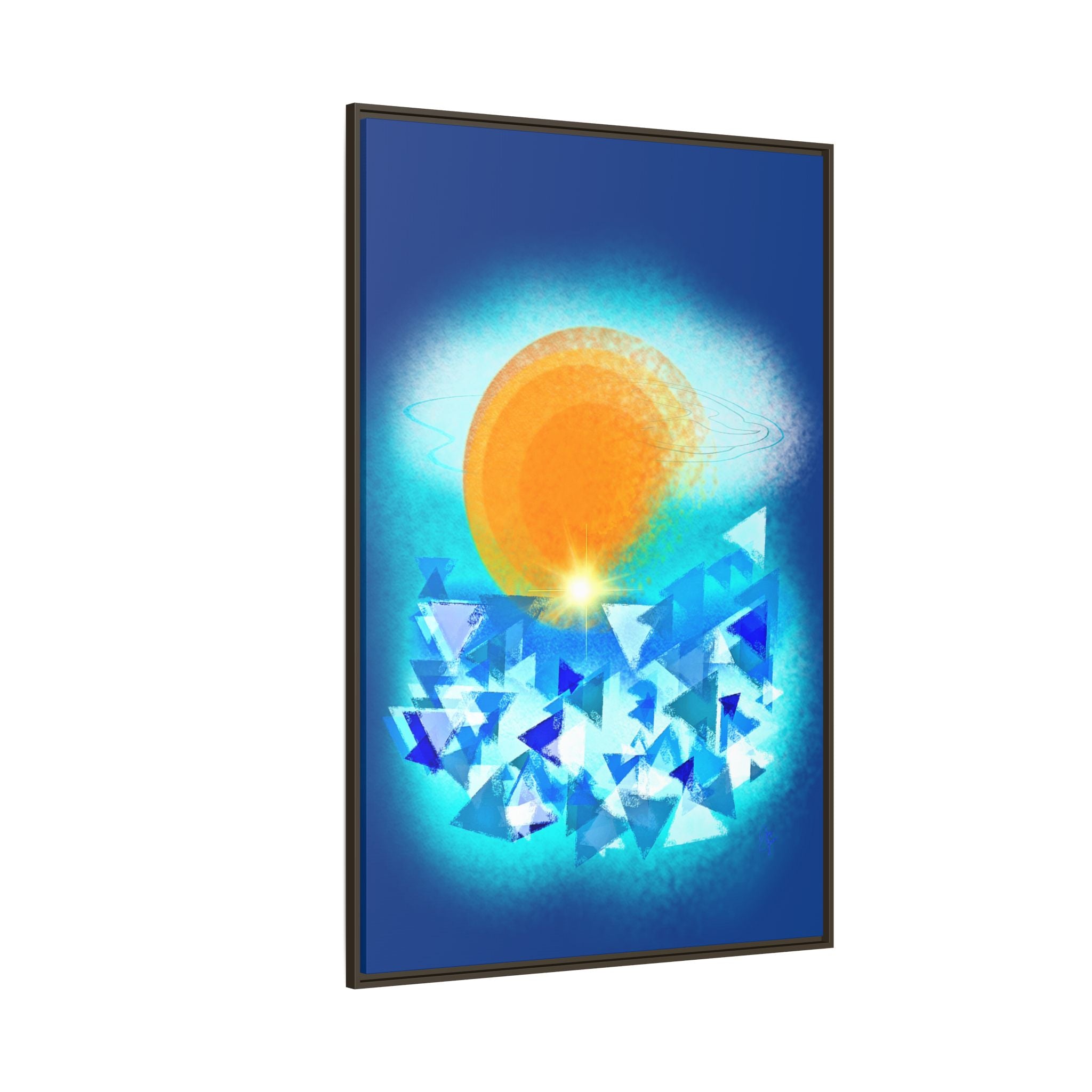 Abstract Sunrise Framed Canvas Art – Orange Sun Over Blue Geometric Waves