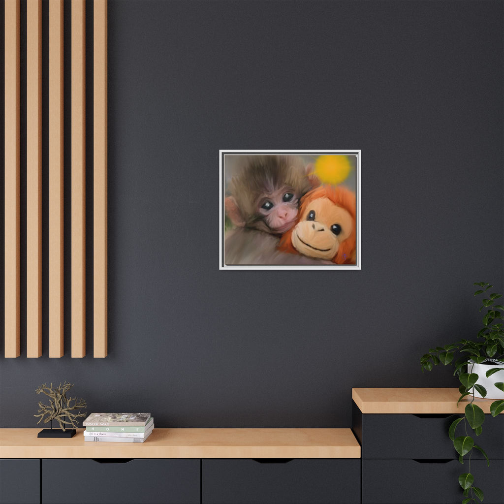 Framed Matte Canvas Print — Baby Monkey & Plush Orangutan Wall Art