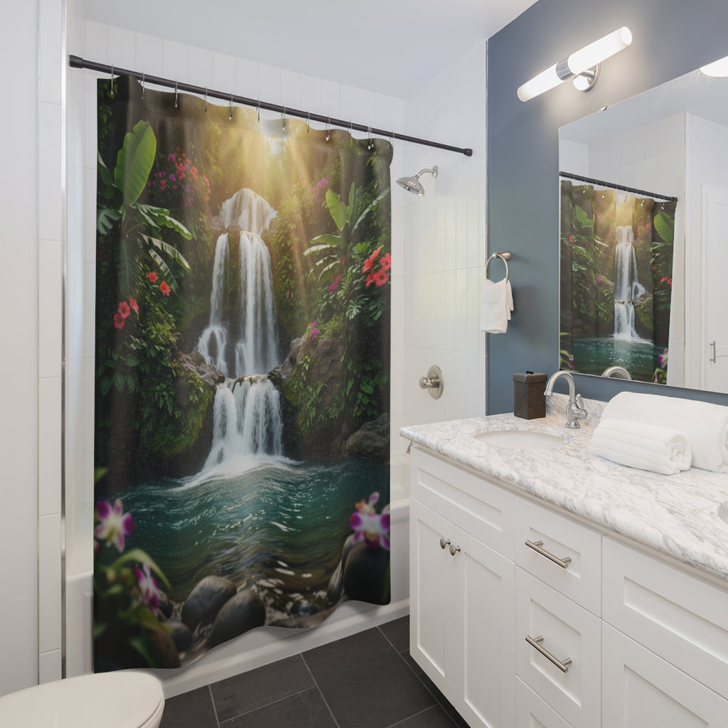 Waterfall Tropical Shower Curtain — Lush Jungle Oasis Bathroom Decor